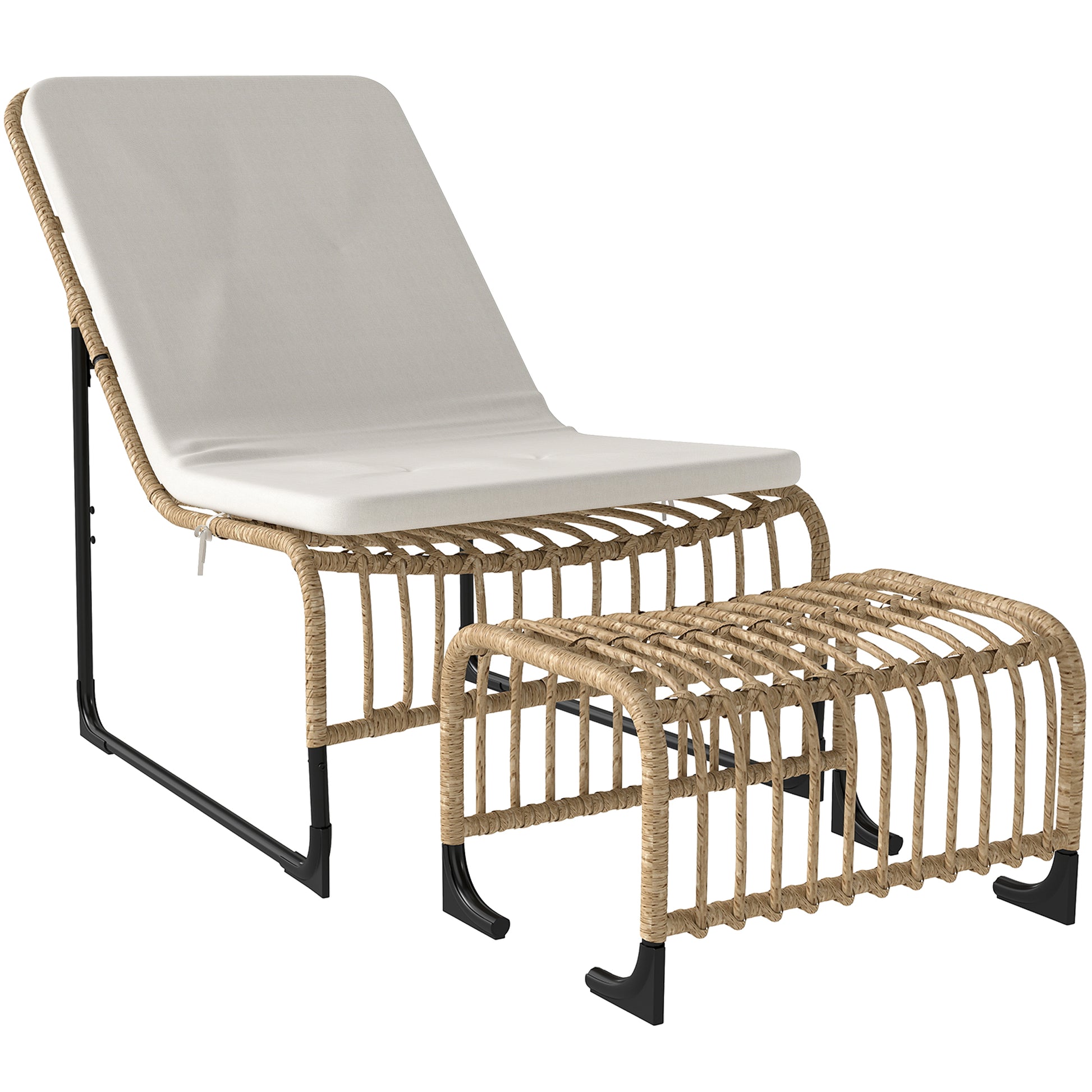 Outsunny Conjunto de Sillón de Jardín con Reposapiés de Ratán Sintético Sillón para Exterior con Cojín Acolchado y Estructura de Acero Natural y Beige