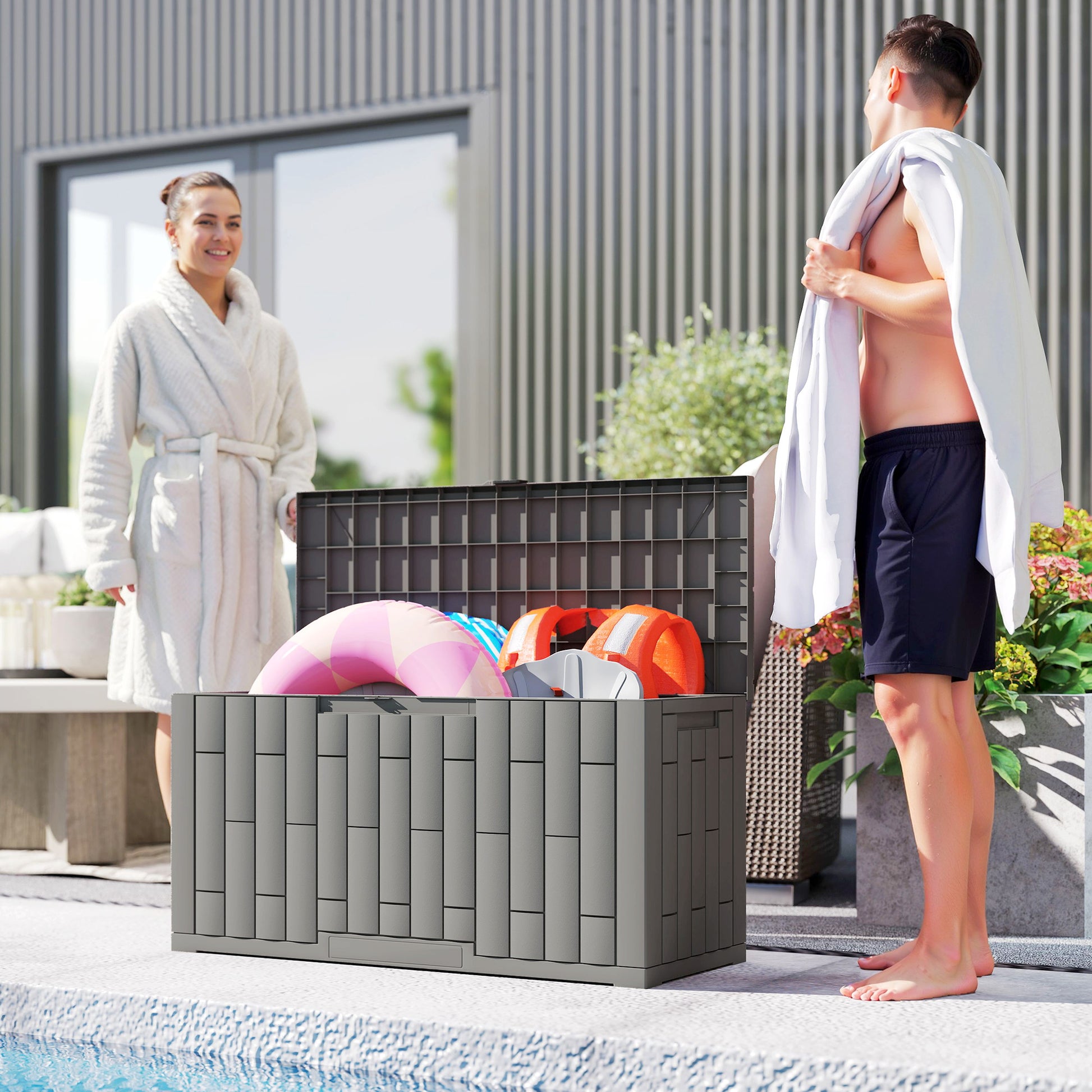Outsunny Arcón Exterior Capacidad 227L, Baúl de Almacenaje Exterior de Resina Resistente al Agua y a los Rayos UV, con Cerradura para Jardín, Terraza, Patio, 106,5x43x54,5 cm, Gris