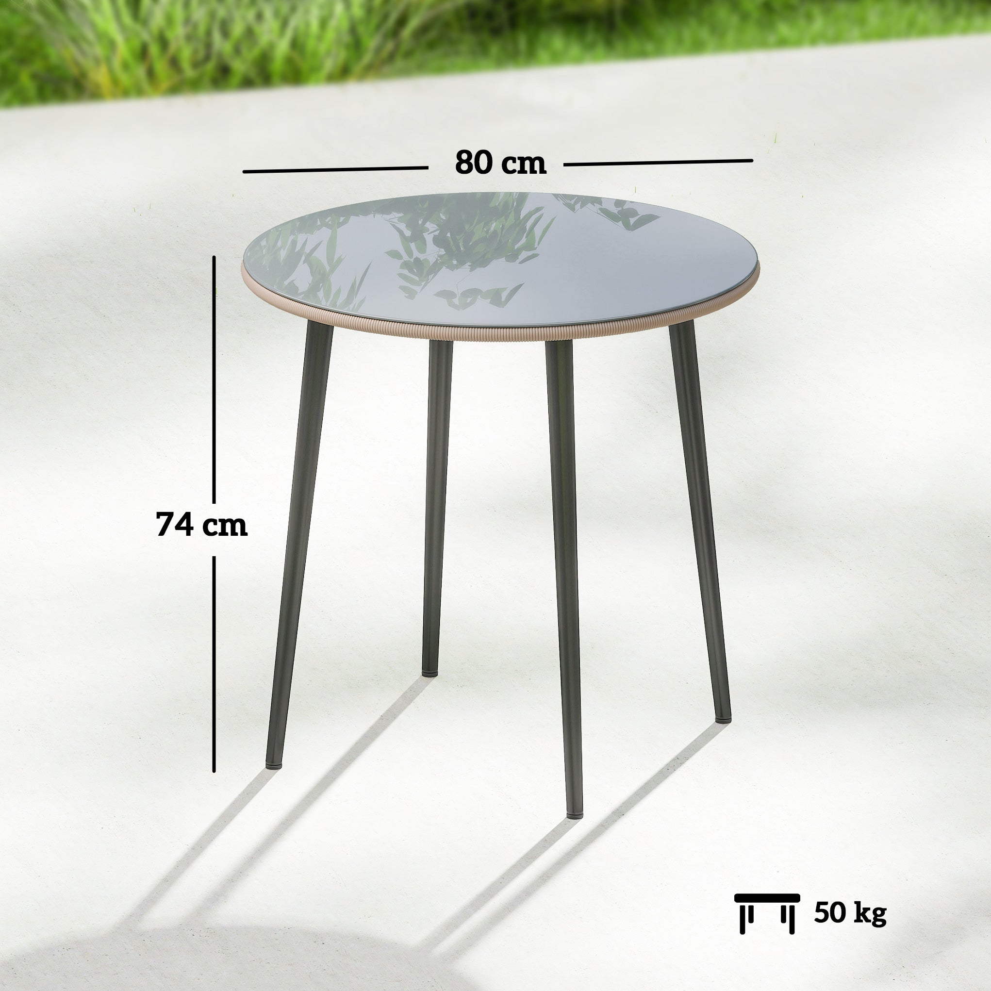 Outsunny Mesa de Comedor de Jardín Redonda, Mesa de Terraza Exterior 80x80x74 cm, con Tablero de Vidrio Templado con Borde de Ratán, Estructura de Acero, Carga 50 kg, para Patio, Balcón, Gris