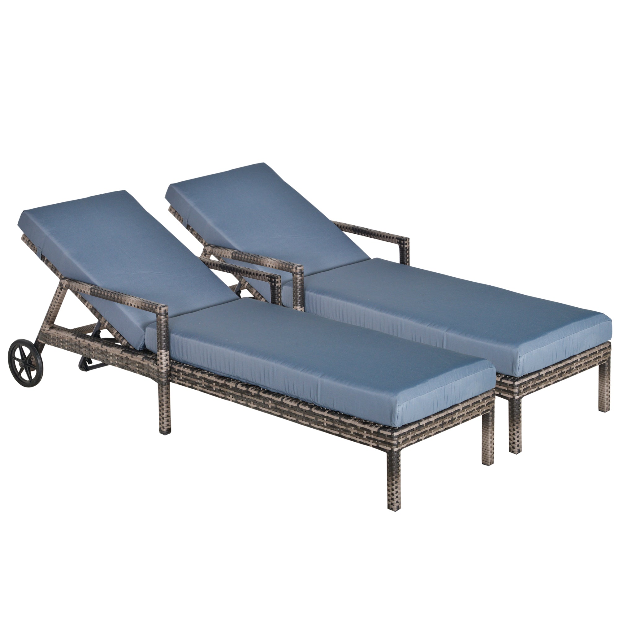 Outsunny Conjunto de 2 Tumbonas de Ratán de Jardín con Cojines Acolchados Respaldo Ajustable en 5 Posiciones 2 Ruedas y Tela Extraíble Lavable 67x196x51 cm Gris