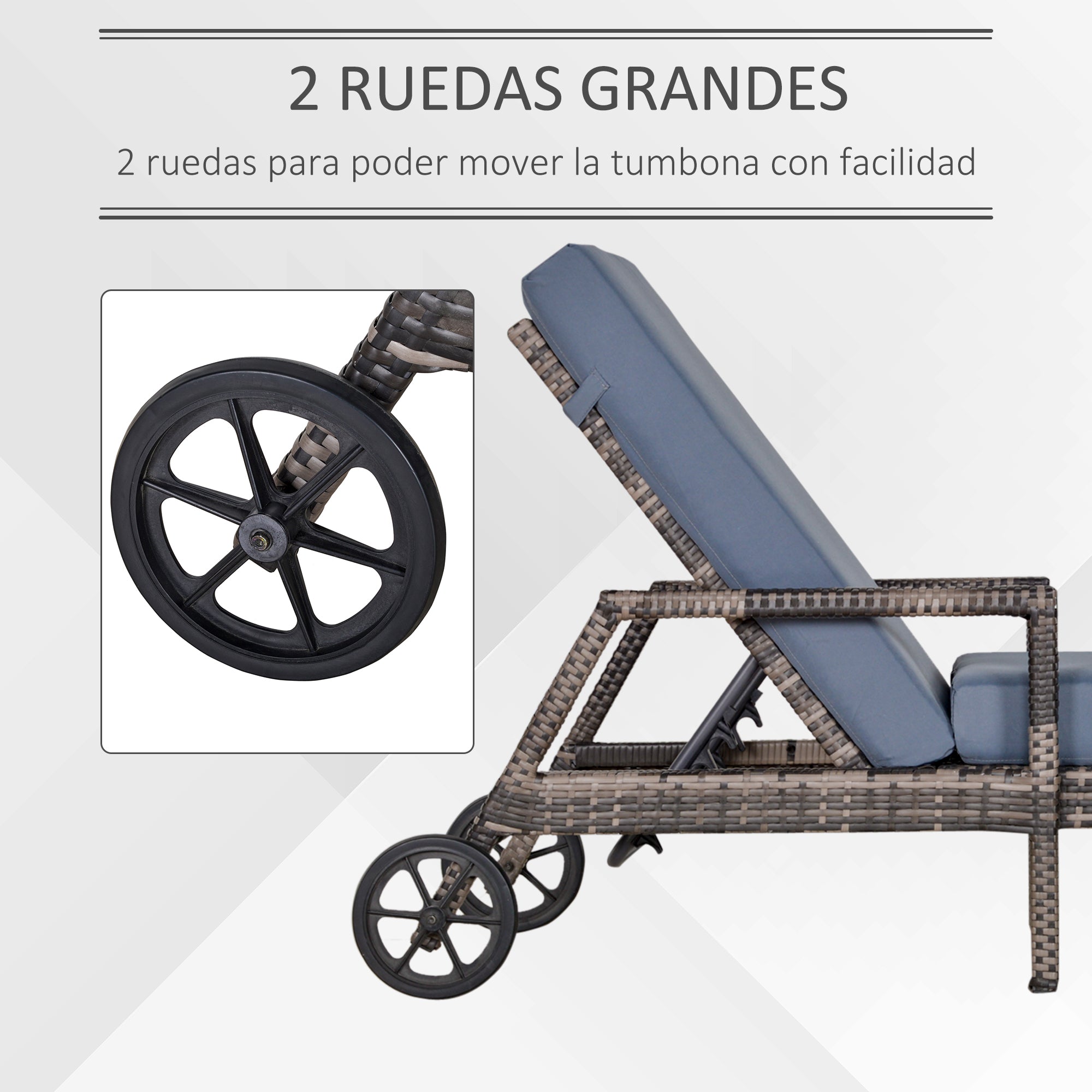 Outsunny Conjunto de 2 Tumbonas de Ratán de Jardín con Cojines Acolchados Respaldo Ajustable en 5 Posiciones 2 Ruedas y Tela Extraíble Lavable 67x196x51 cm Gris