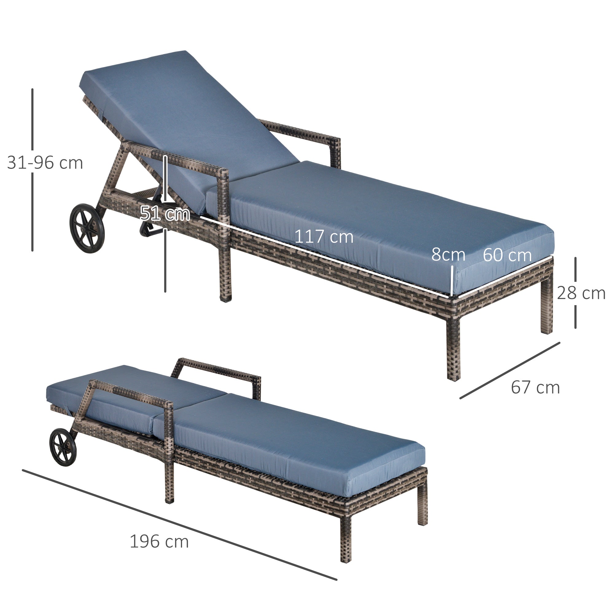 Outsunny Conjunto de 2 Tumbonas de Ratán de Jardín con Cojines Acolchados Respaldo Ajustable en 5 Posiciones 2 Ruedas y Tela Extraíble Lavable 67x196x51 cm Gris