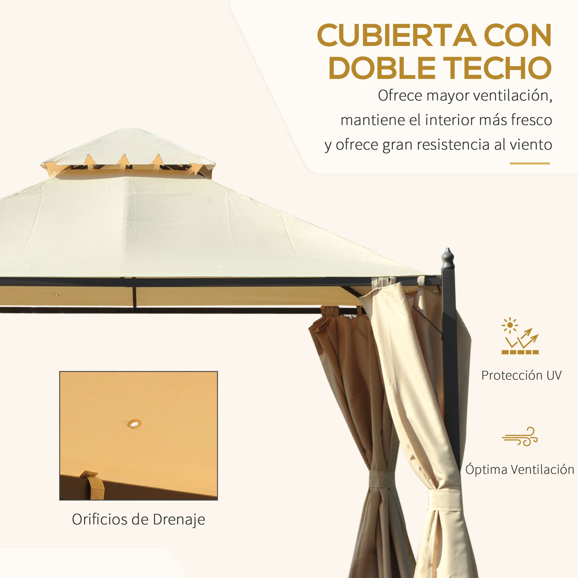 Outsunny Cenador de Jardín 3x3m Gazebo con Doble Techo 4 Cortinas Laterales Mejor Ventilación Exterior Espacioso para Fiesta Eventos Barbacoa Beige
