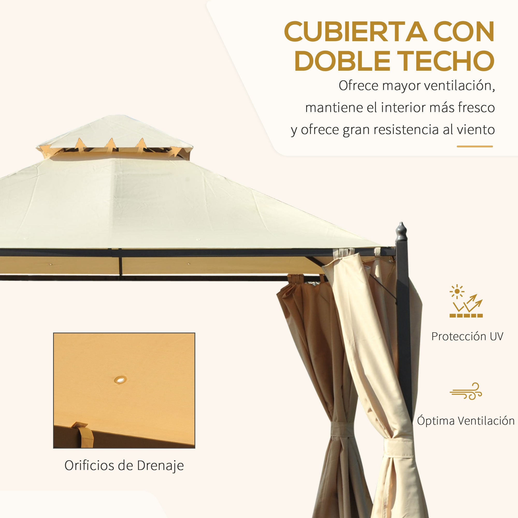 Outsunny Cenador de Jardín 3x3m Gazebo con Doble Techo 4 Cortinas Laterales Mejor Ventilación Exterior Espacioso para Fiesta Eventos Barbacoa Beige