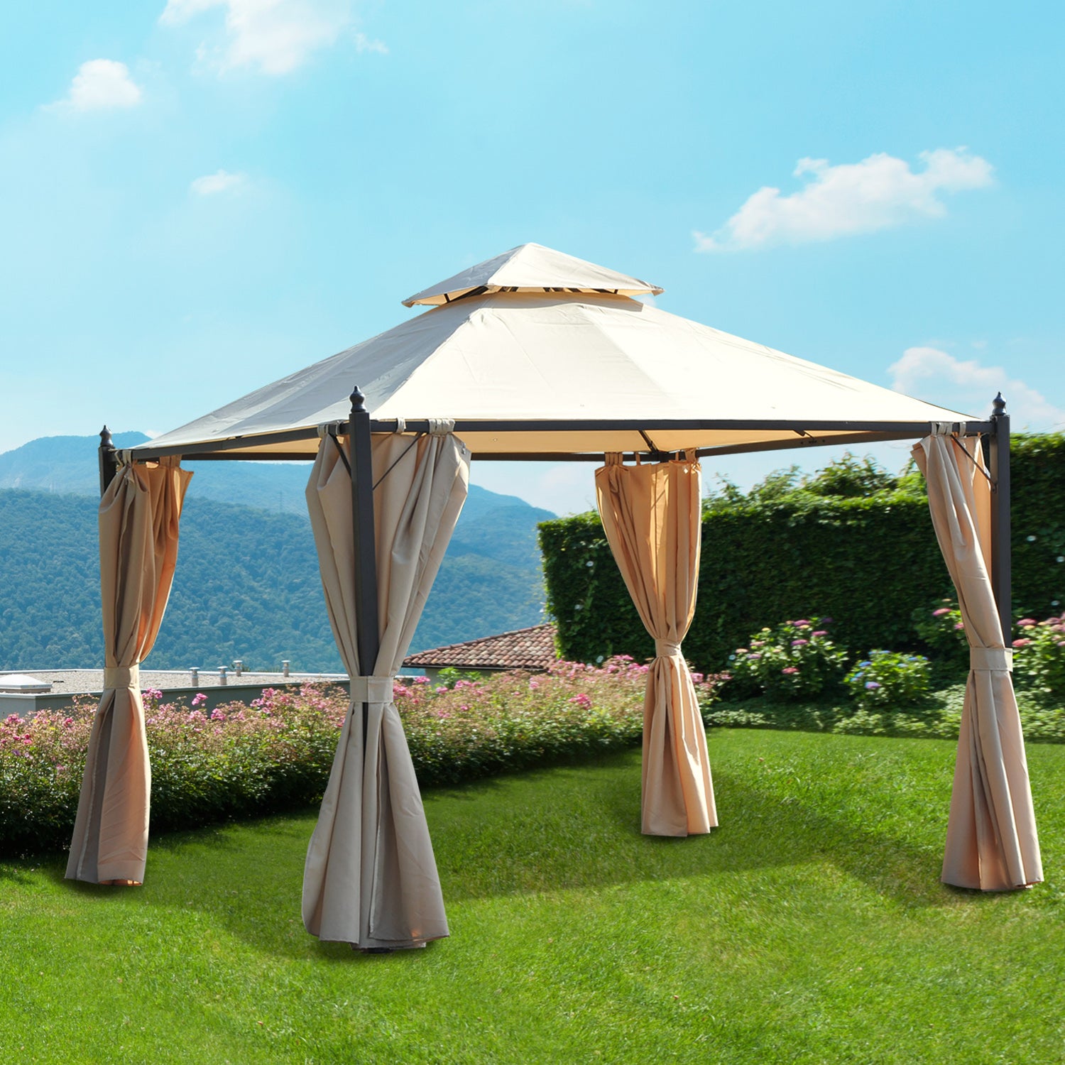 Outsunny Cenador de Jardín 3x3m Gazebo con Doble Techo 4 Cortinas Laterales Mejor Ventilación Exterior Espacioso para Fiesta Eventos Barbacoa Beige