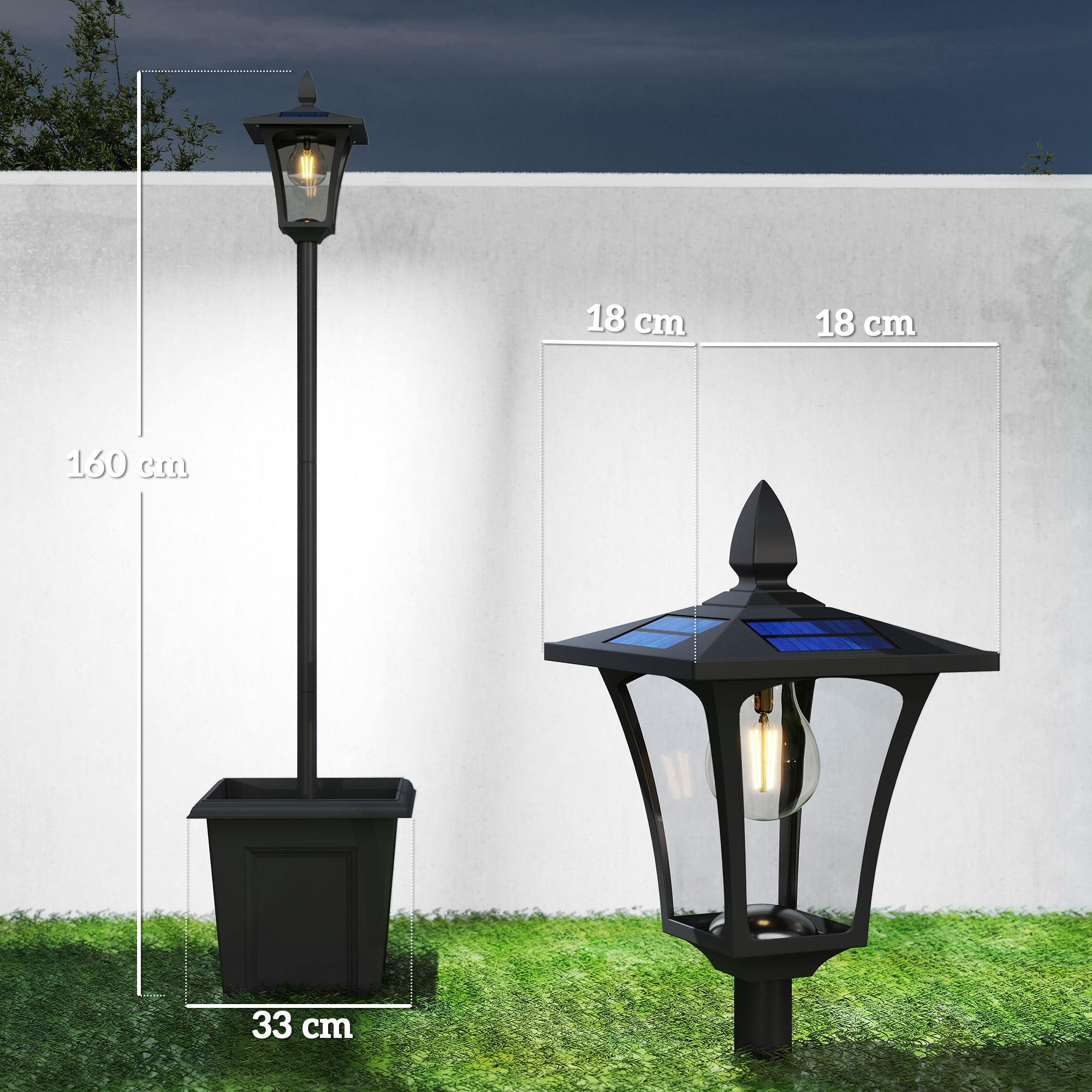 Outsunny Farola Solar Exterior de Jardín con Macetero, Luz Solar de Exterior LED, Poste de Aluminio, Impermeable IP44, Encendido/Apagado Automático, para Terraza, Patio, 33x33x160 cm, Negro
