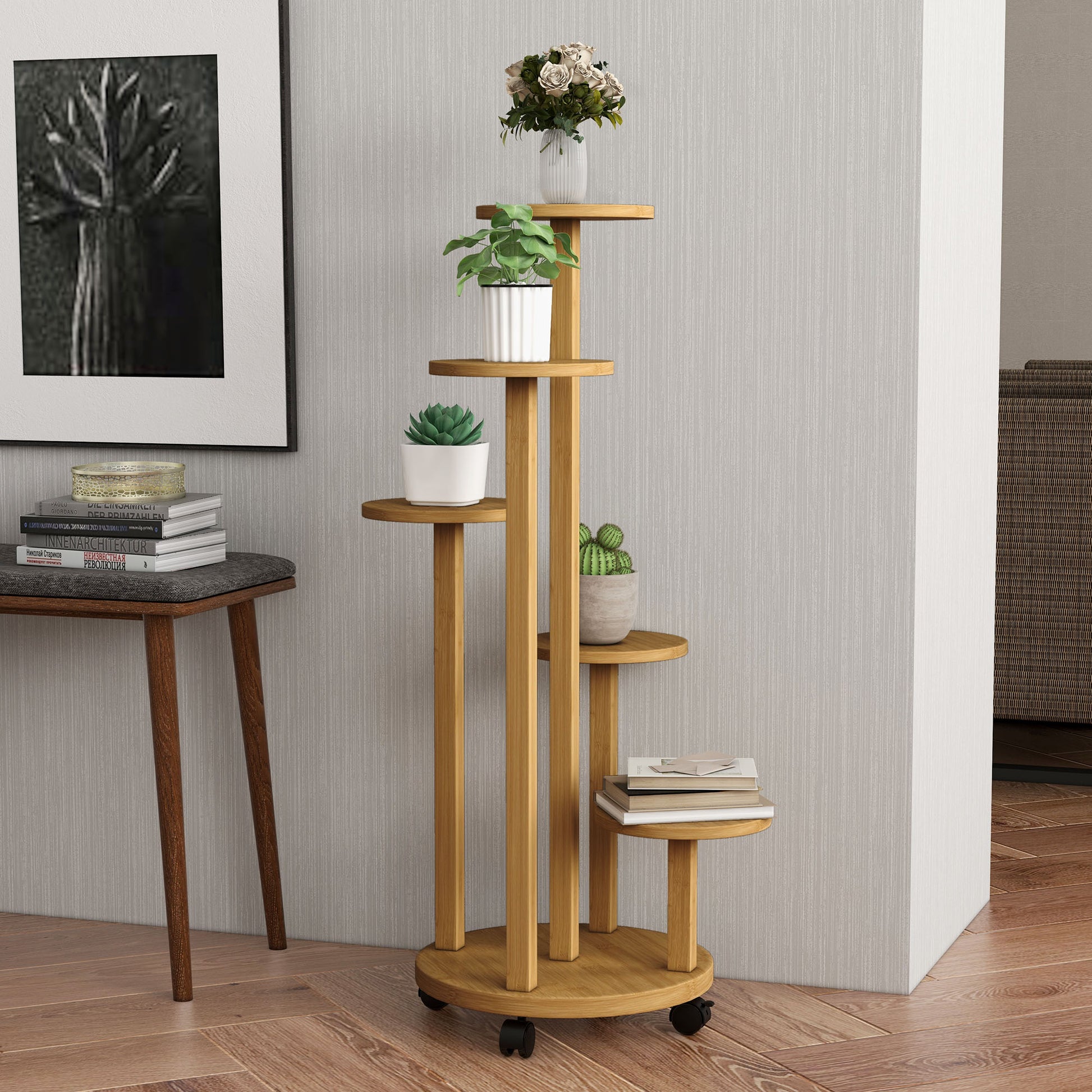 Outsunny Soporte para Plantas de Bambú con Ruedas de 5 Niveles, Estantería Redonda para Plantas para Esquina, Soporte para Macetas, Interior y Exterior, 33x33x90 cm, Natural