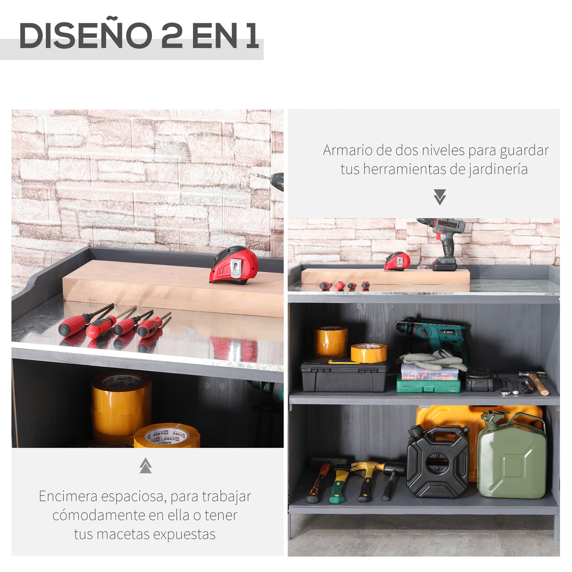 Outsunny Armario de Jardín de Madera con Mesa de Trabajo Armario de Exterior con 2 Puertas Cierre Magnético y 2 Estantes para Terraza Balcón 98x48x95,5 cm Gris