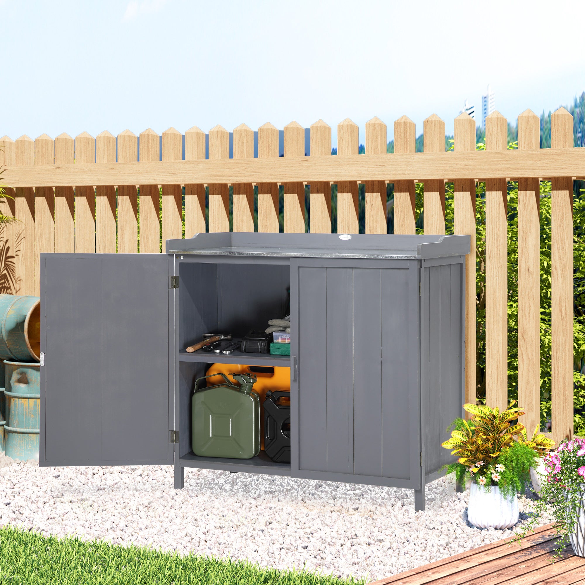 Outsunny Armario de Jardín de Madera con Mesa de Trabajo Armario de Exterior con 2 Puertas Cierre Magnético y 2 Estantes para Terraza Balcón 98x48x95,5 cm Gris