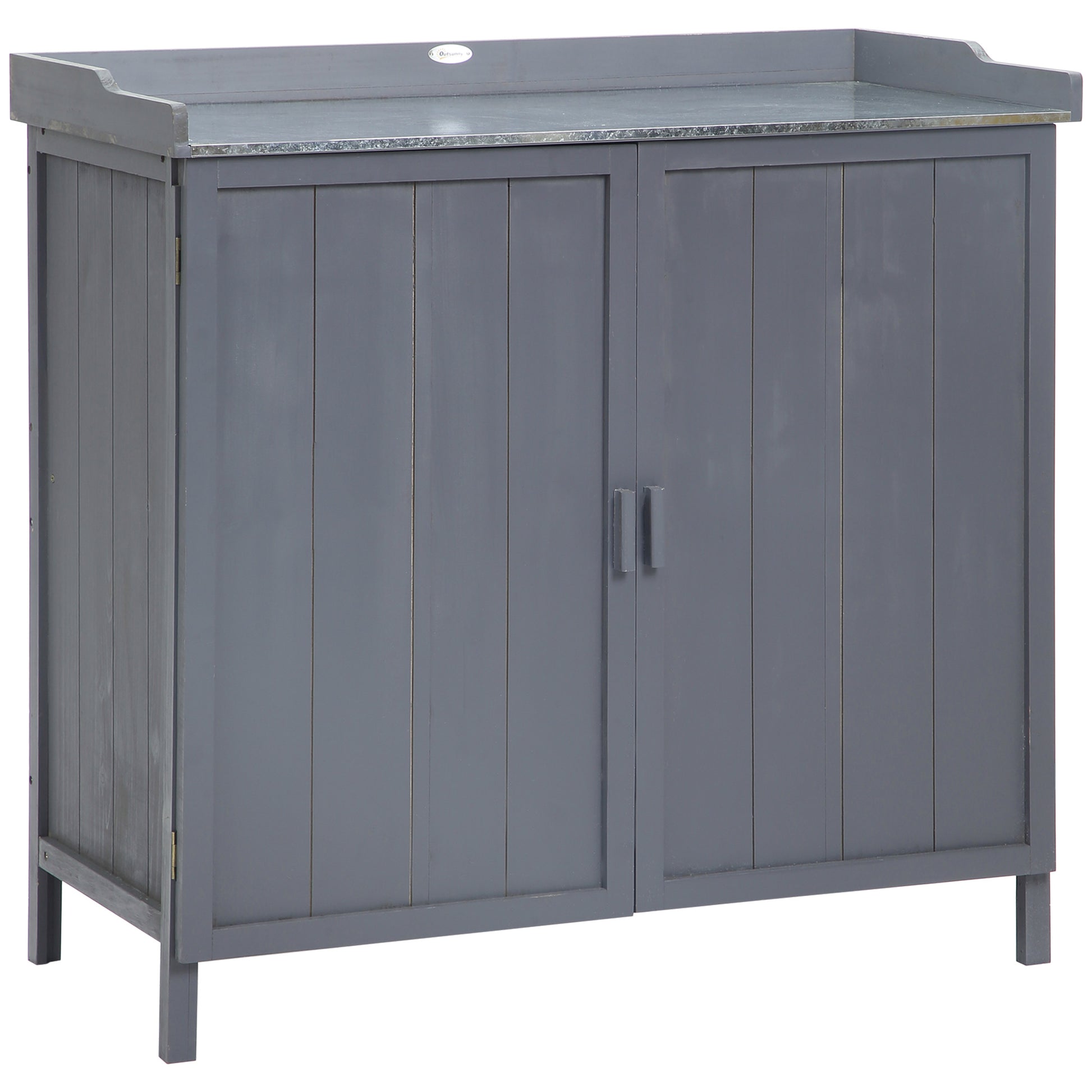 Outsunny Armario de Jardín de Madera con Mesa de Trabajo Armario de Exterior con 2 Puertas Cierre Magnético y 2 Estantes para Terraza Balcón 98x48x95,5 cm Gris