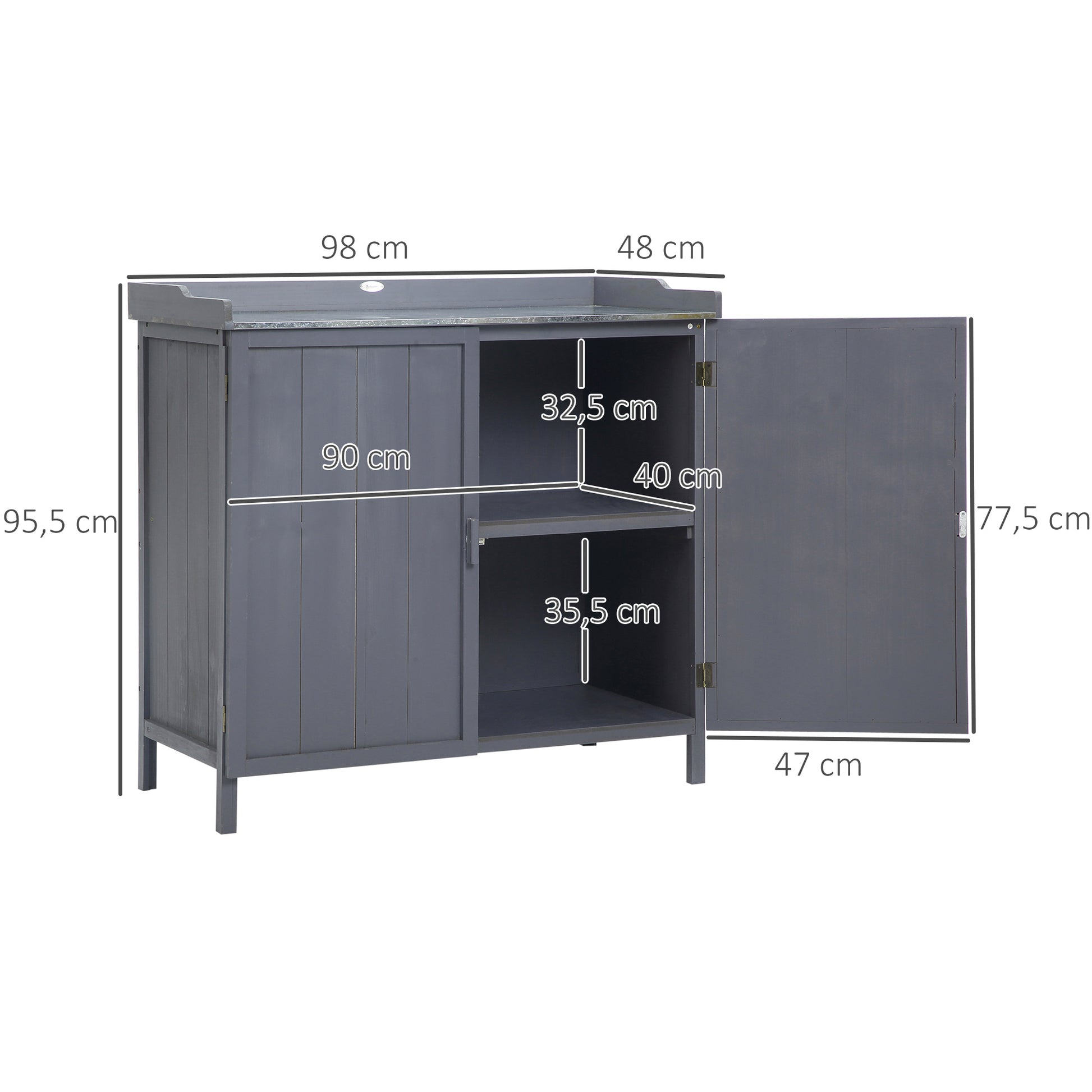Outsunny Armario de Jardín de Madera con Mesa de Trabajo Armario de Exterior con 2 Puertas Cierre Magnético y 2 Estantes para Terraza Balcón 98x48x95,5 cm Gris