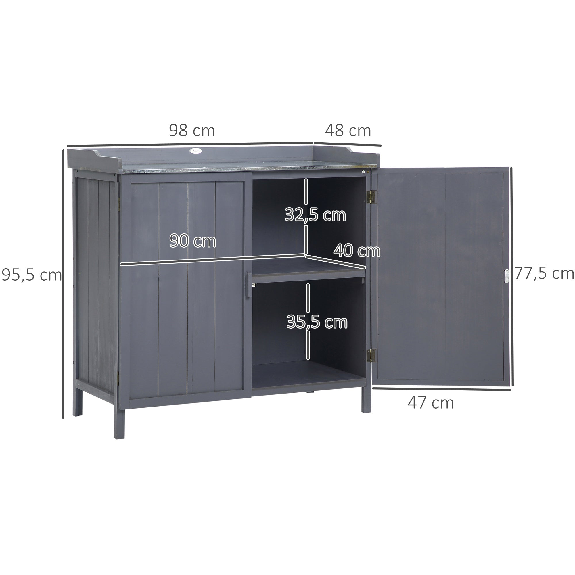 Outsunny Armario de Jardín de Madera con Mesa de Trabajo Armario de Exterior con 2 Puertas Cierre Magnético y 2 Estantes para Terraza Balcón 98x48x95,5 cm Gris