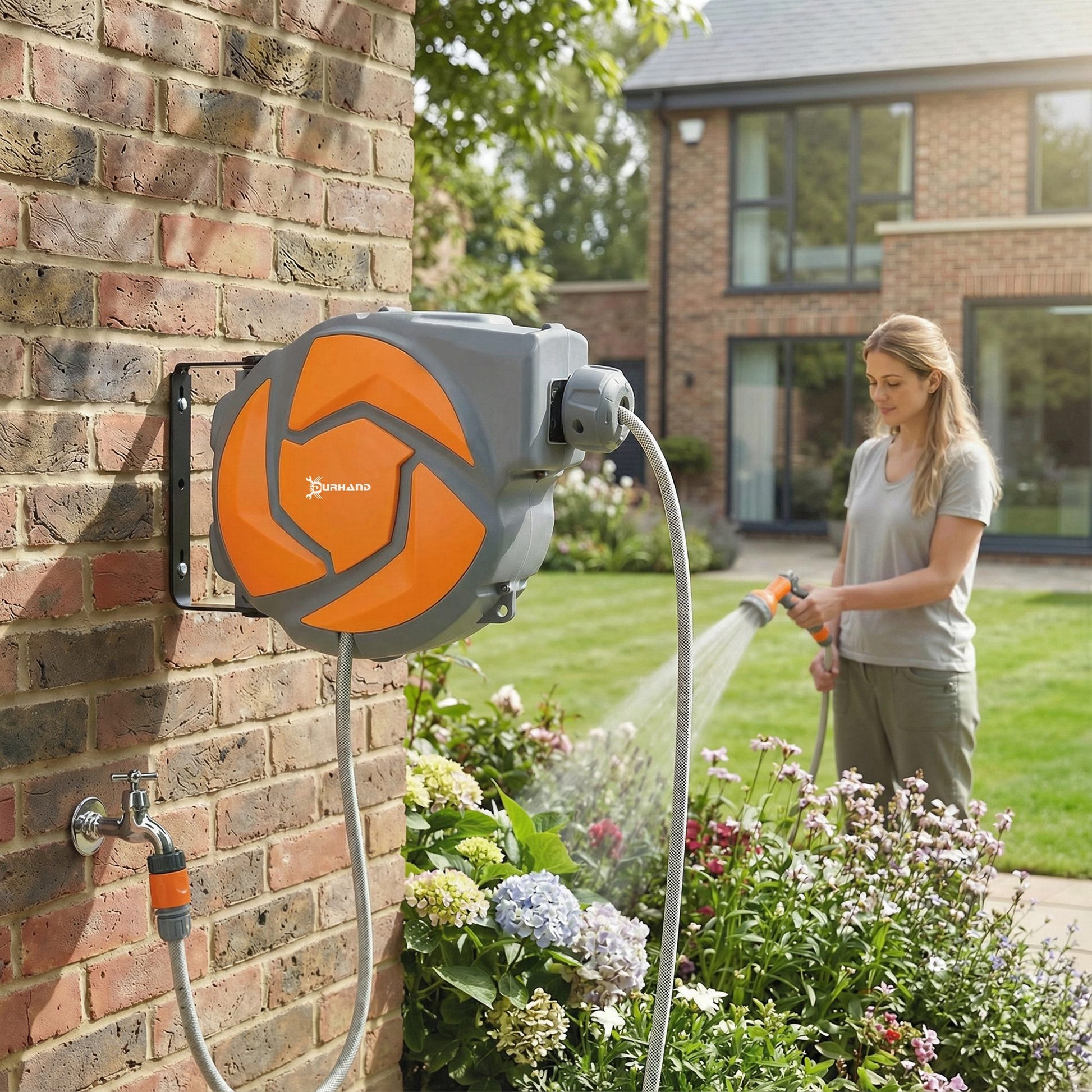 DURHAND Enrollador de Manguera para Jardín 10+1 m con Boquilla de 7 Funciones, Carrete de Manguera de Jardín de Pared, Giratorio 180°, con Retorno Enrollado Automático, Gris Oscuro y Naranja