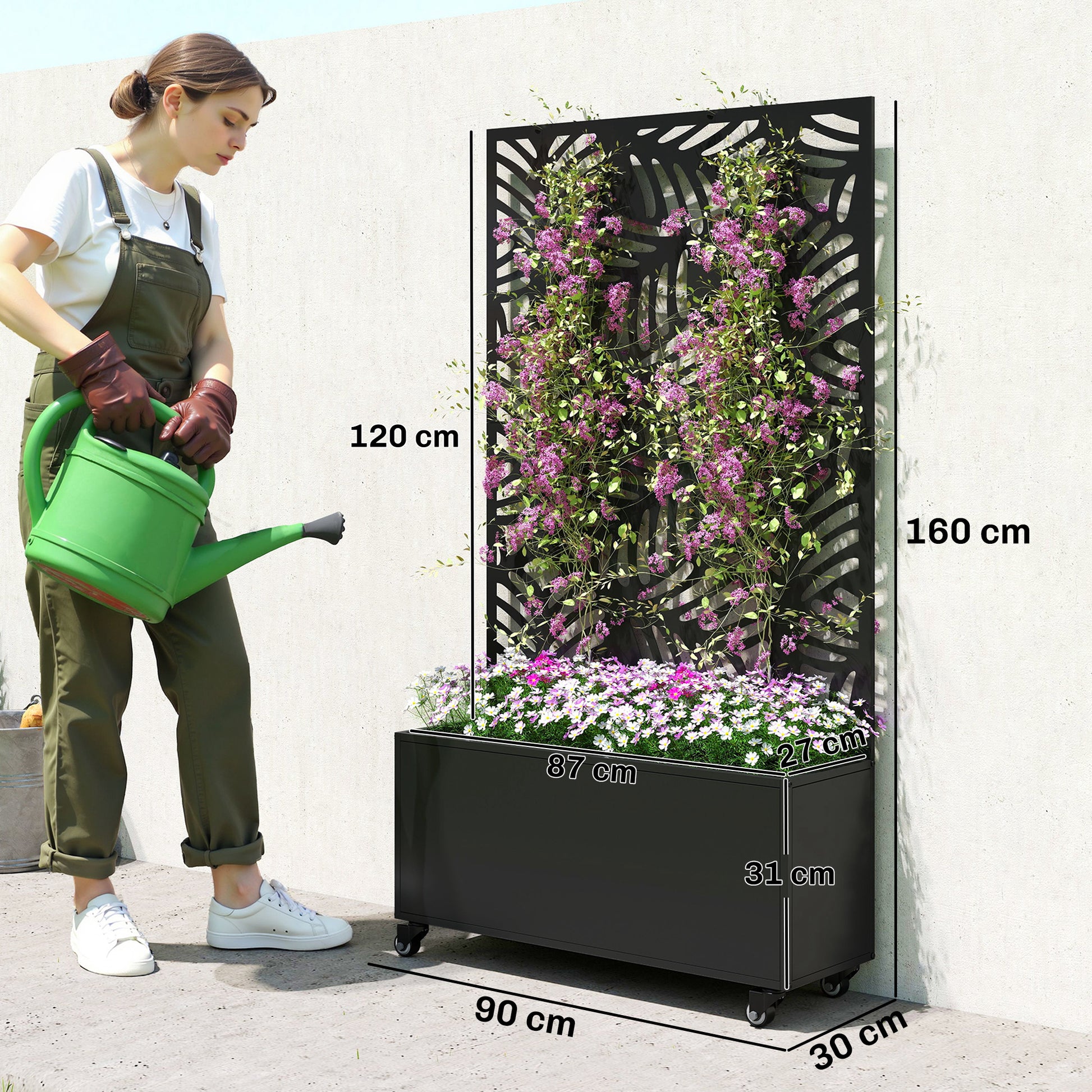 Outsunny Jardinera Exterior Grande de Metal con Ruedas, Jardinera con Pantalla de Privacidad de Hojas de Monstera, Macetero con Enrejado para Plantas Trepadoras, Patio, Terraza, 90x30x160 cm, Negro