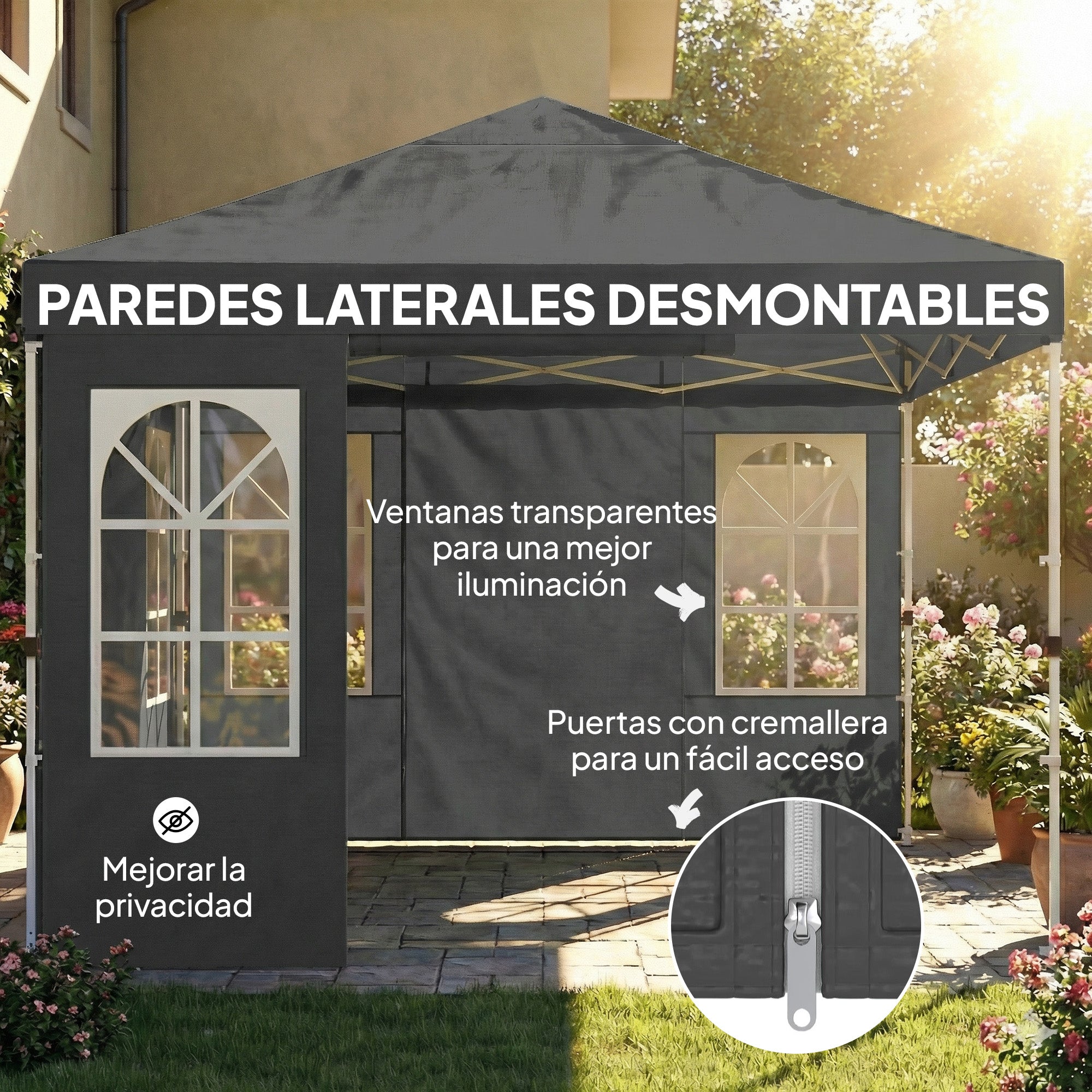 Outsunny Carpa Plegable 3x3 m, Pop-up, con 4 Laterales Extraíbles, Cenador de Jardín con UPF50+, Bloqueo Central, Altura Ajustable, Bolsa de Transporte, Sacos Arena, Gazebo para Exterior, Gris Oscuro