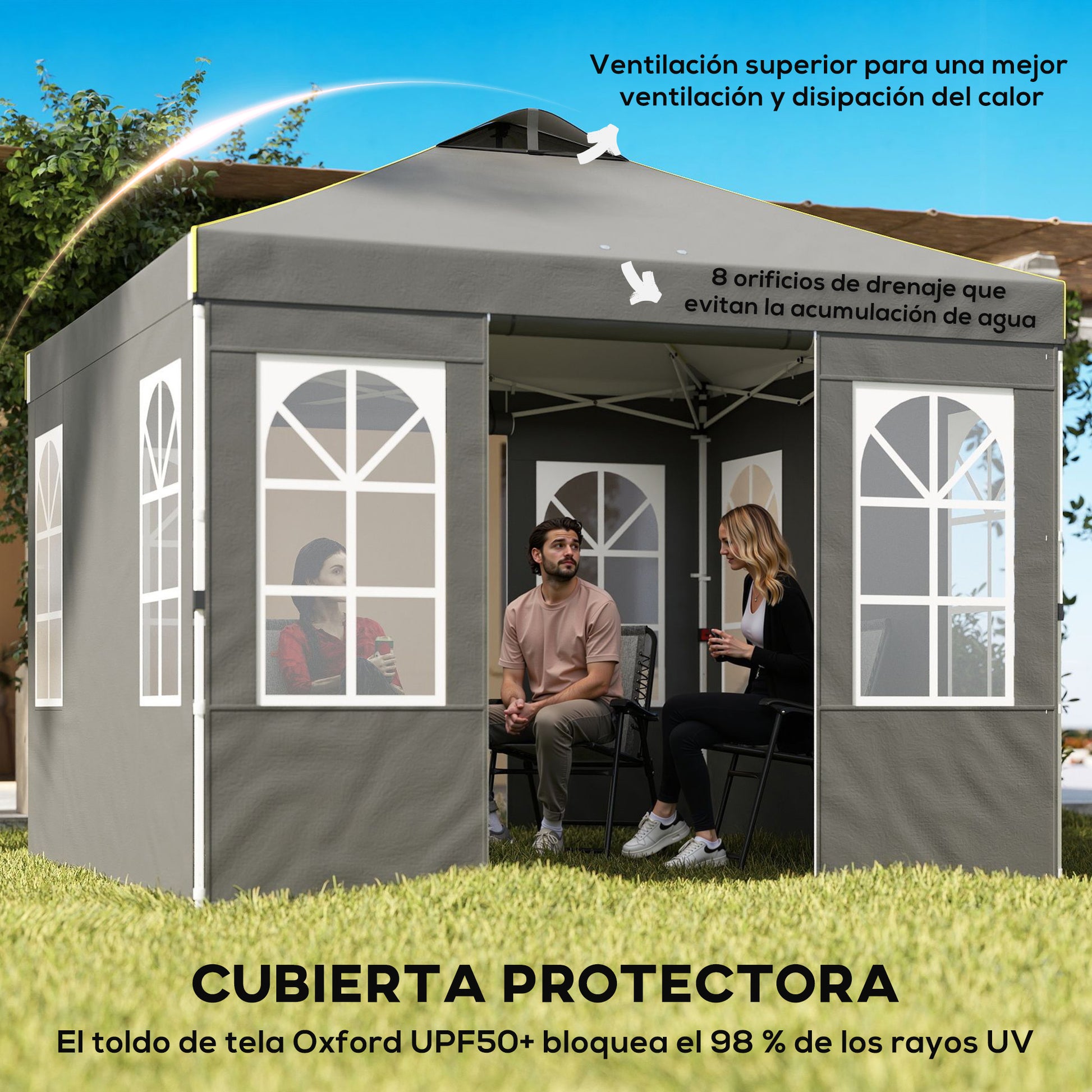 Outsunny Carpa Plegable 3x3 m, Pop-up, con 4 Laterales Extraíbles, Cenador de Jardín con UPF50+, Bloqueo Central, Altura Ajustable, Bolsa de Transporte, Sacos Arena, Gazebo para Exterior, Gris Oscuro