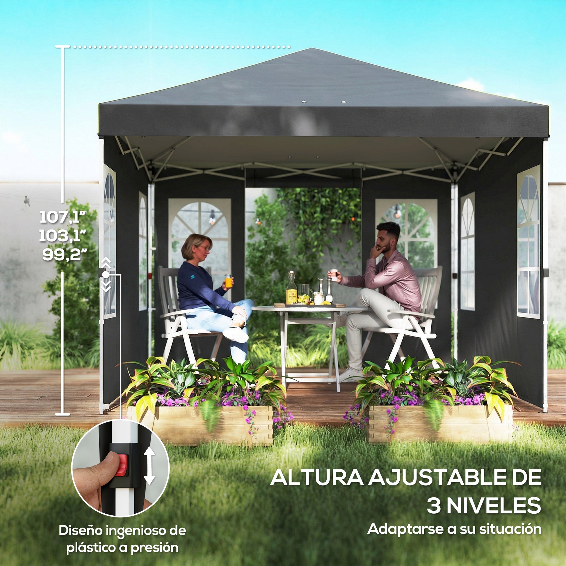 Outsunny Carpa Plegable 3x3 m, Pop-up, con 4 Laterales Extraíbles, Cenador de Jardín con UPF50+, Bloqueo Central, Altura Ajustable, Bolsa de Transporte, Sacos Arena, Gazebo para Exterior, Gris Oscuro