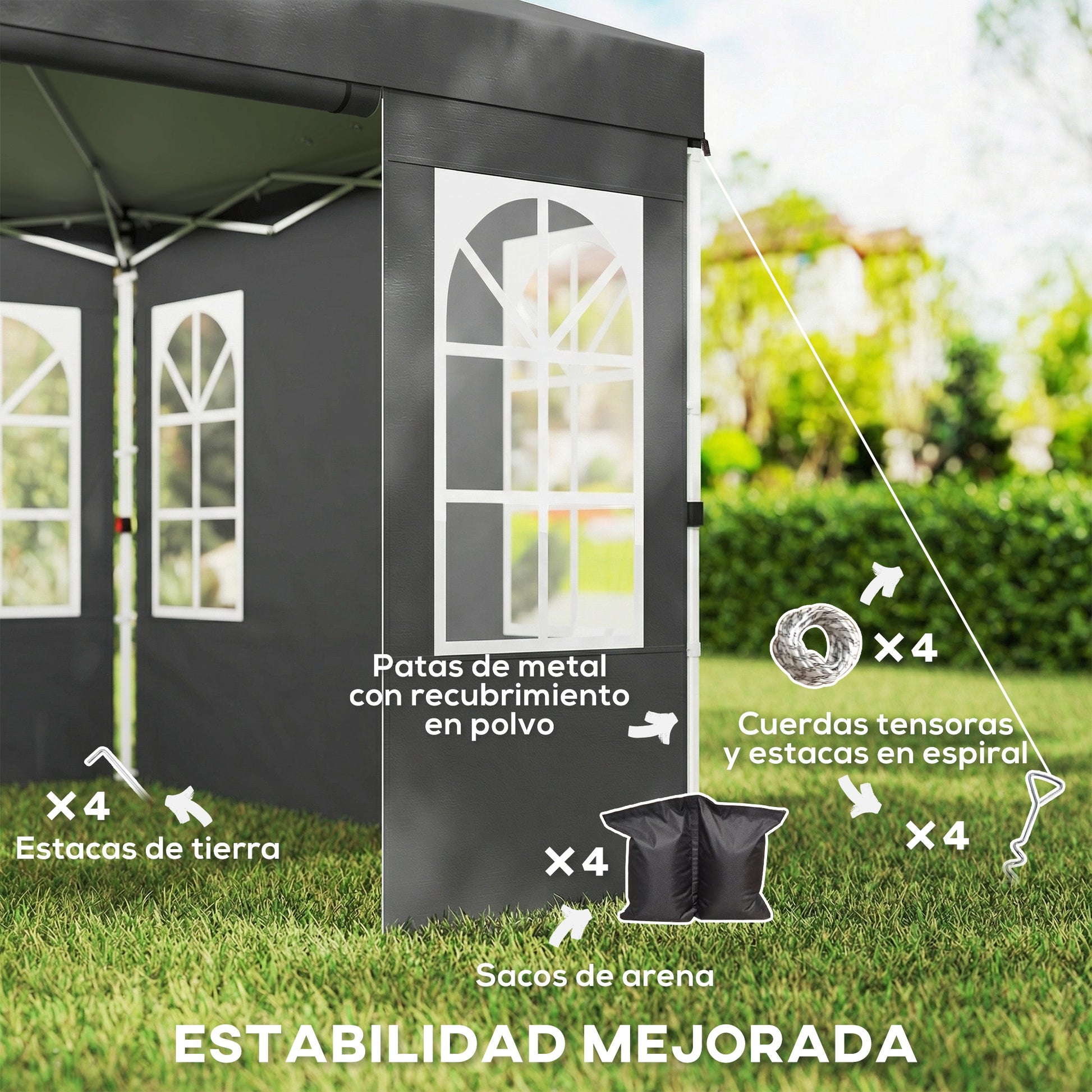 Outsunny Carpa Plegable 3x3 m, Pop-up, con 4 Laterales Extraíbles, Cenador de Jardín con UPF50+, Bloqueo Central, Altura Ajustable, Bolsa de Transporte, Sacos Arena, Gazebo para Exterior, Gris Oscuro