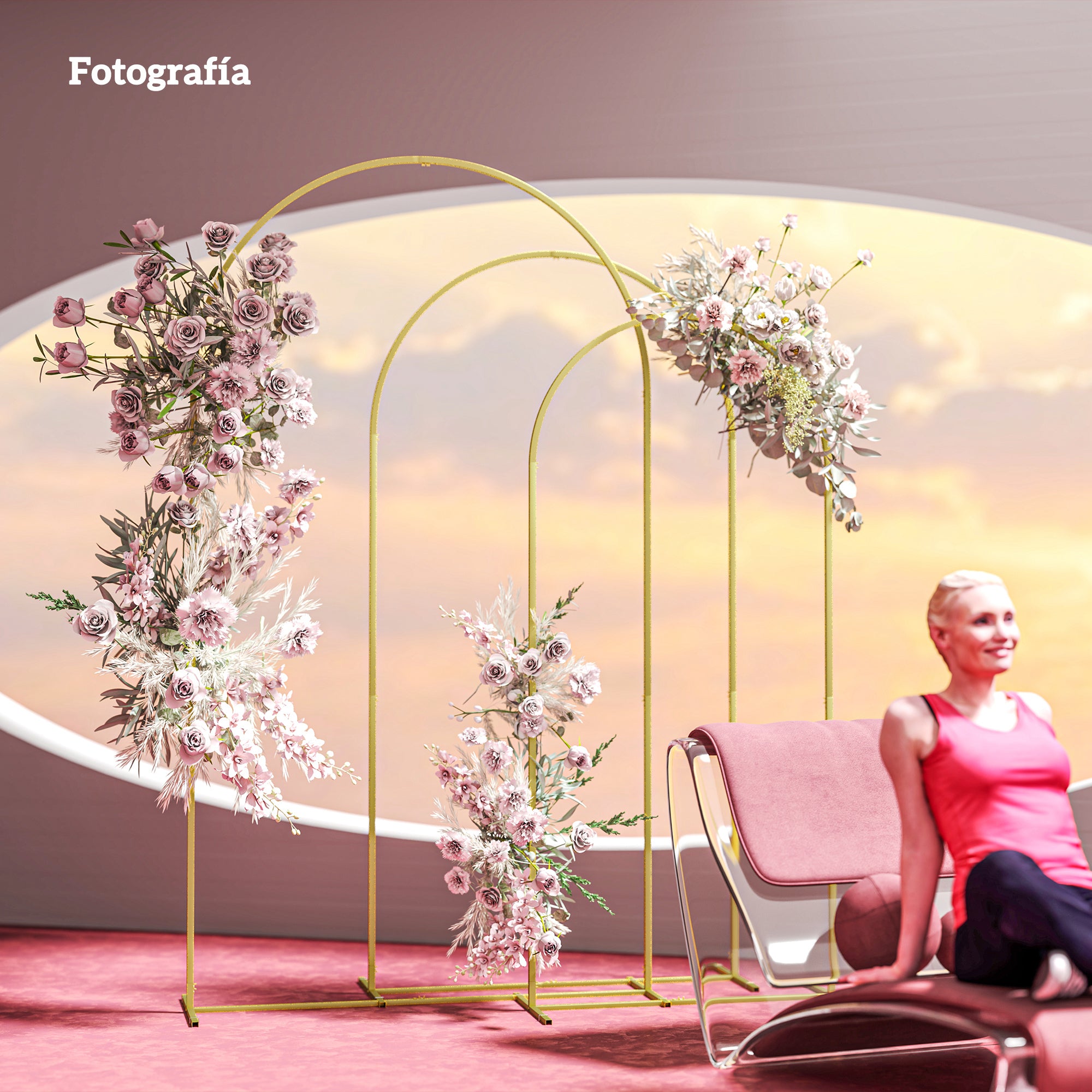 Outsunny Set de 3 Arcos de Jardín para Rosas de Metal, Arcos de Boda de 220/200/180 cm con Recubrimiento en Polvo, Resistente a la Intemperie, para Plantas Trepadoras, Decoración Patio Terraza, Dorado