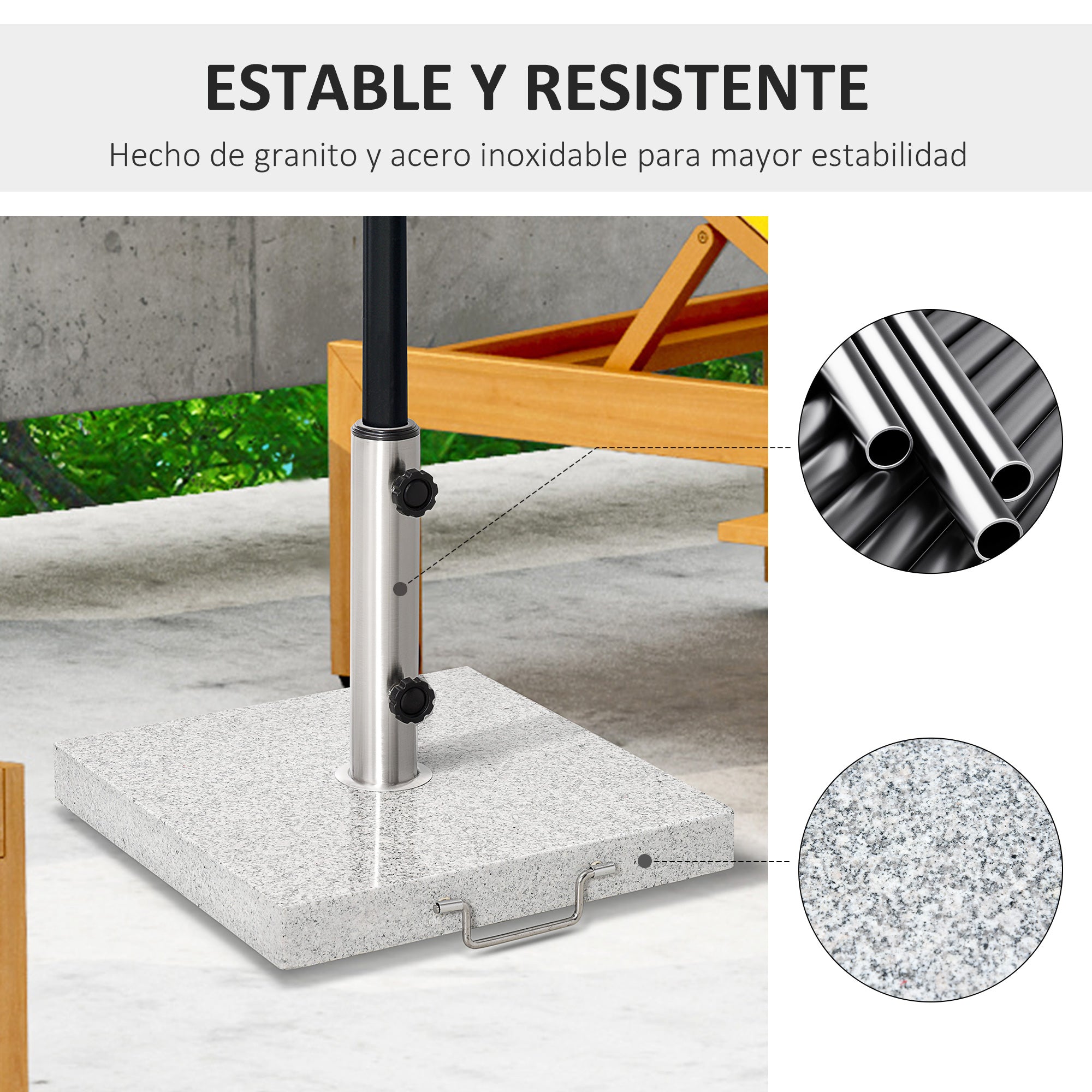 Outsunny Base de Sombrilla Exterior Universal 25 kg de Mármol con 2 Ruedas y Asa de Transporte Tubo de Ø35/38/48 mm Soporte de Parasol para Jardín Balcón Patio 40x40x36 cm Gris