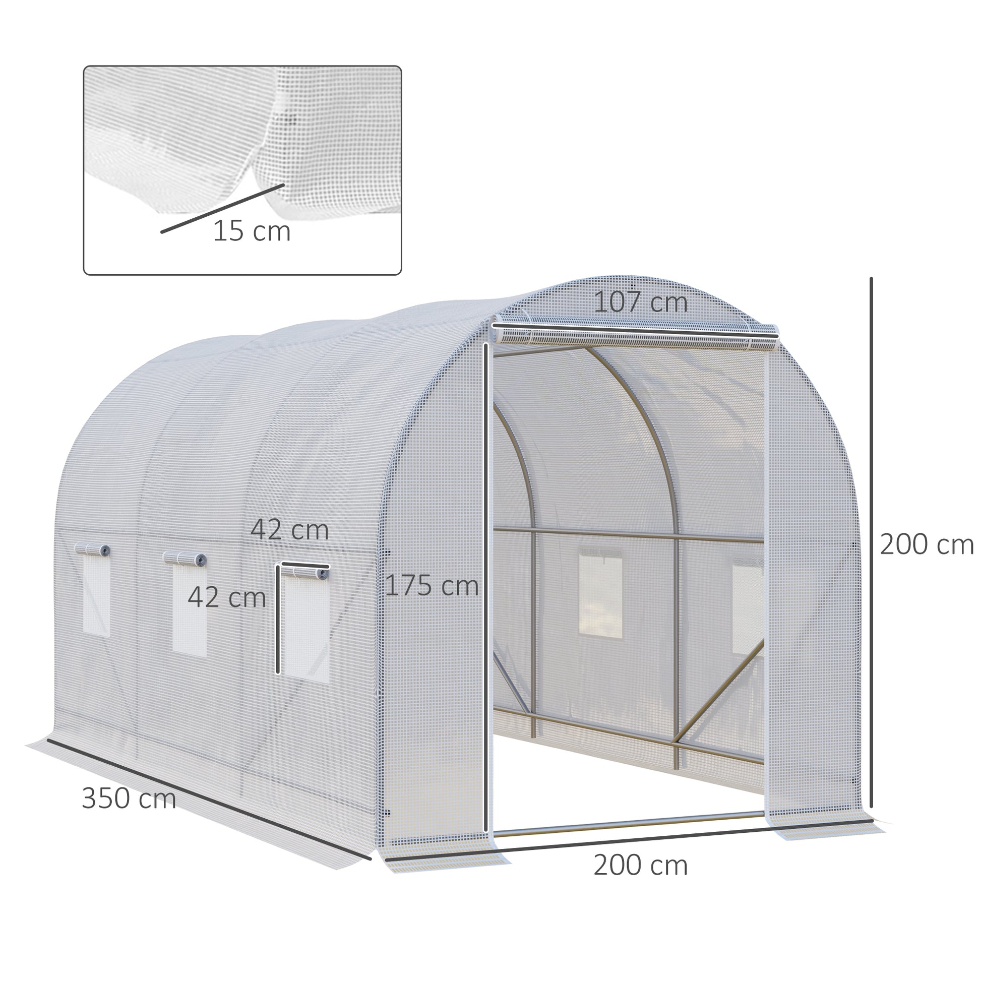 Outsunny Invernadero de Exterior 3,5x2x2 m Invernadero de Túnel con 6 Ventanas de Malla y Puerta Enrollable con Cremallera Invernadero de Huerto Anti-UV para Patio Jardín Blanco