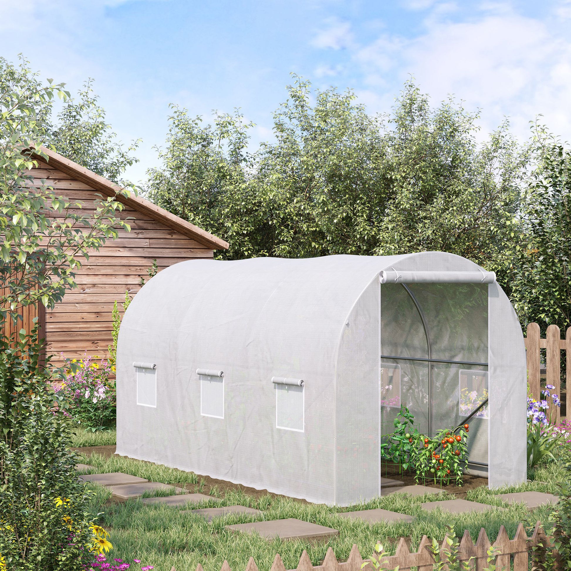 Outsunny Invernadero de Exterior 3,5x2x2 m Invernadero de Túnel con 6 Ventanas de Malla y Puerta Enrollable con Cremallera Invernadero de Huerto Anti-UV para Patio Jardín Blanco