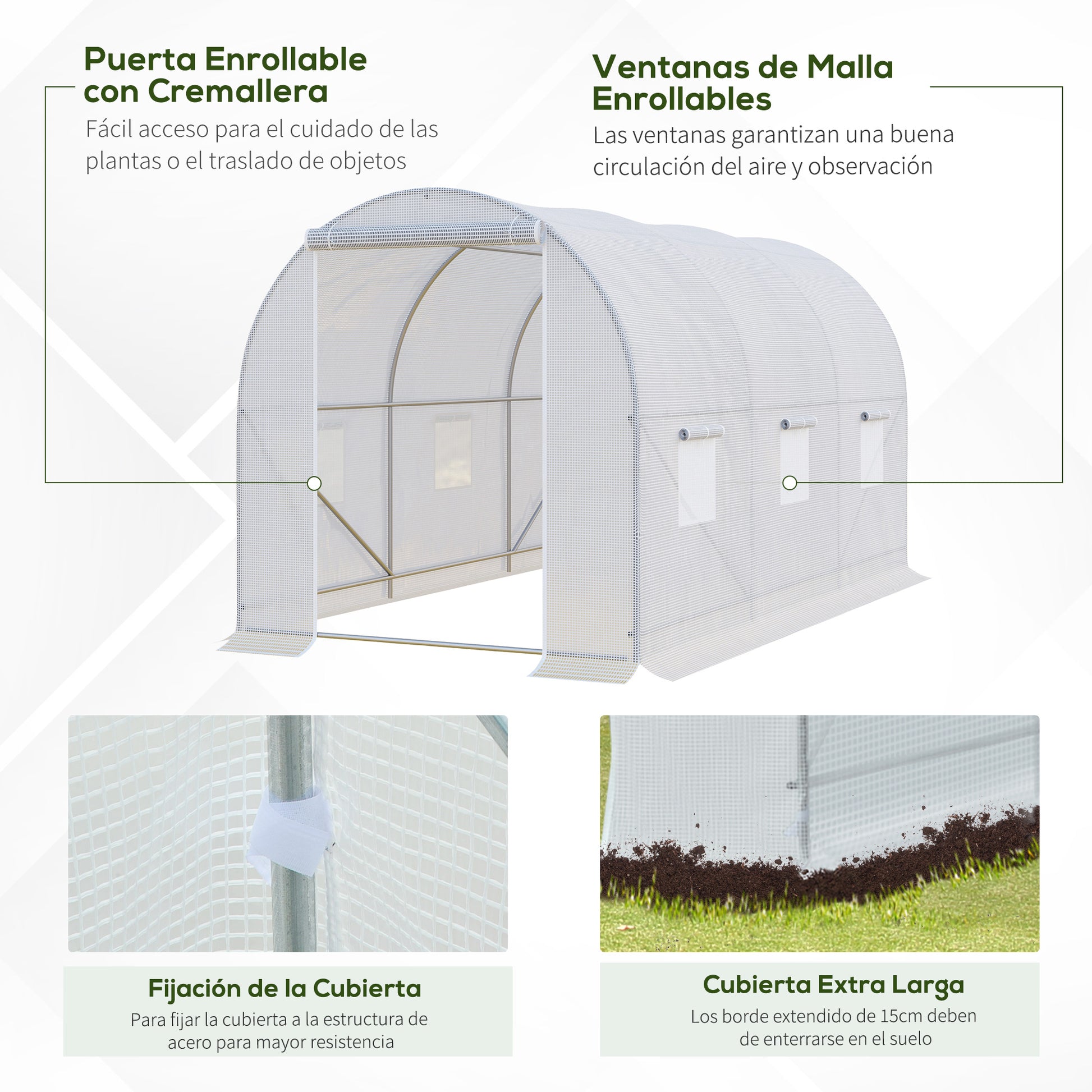 Outsunny Invernadero de Exterior 3,5x2x2 m Invernadero de Túnel con 6 Ventanas de Malla y Puerta Enrollable con Cremallera Invernadero de Huerto Anti-UV para Patio Jardín Blanco