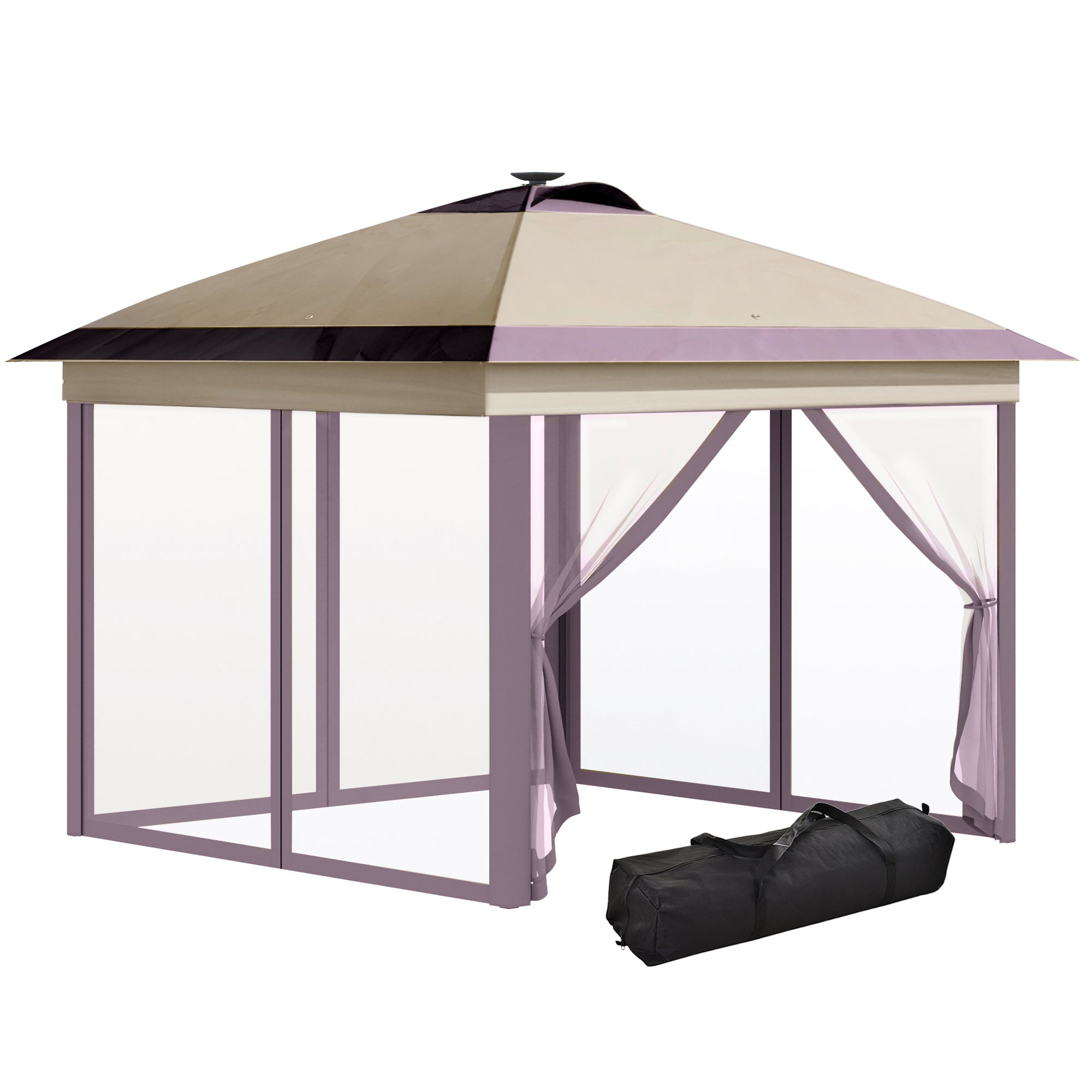 Outsunny Carpa Plegable Exterior 3x3x2,9 m con Luces LED y Control Remoto Cenador de Jardín con 4 Mosquiteras Extraíbles y Bolsa de Transporte Impermeable Gazebo para Exterior Camping Fiestas Beige