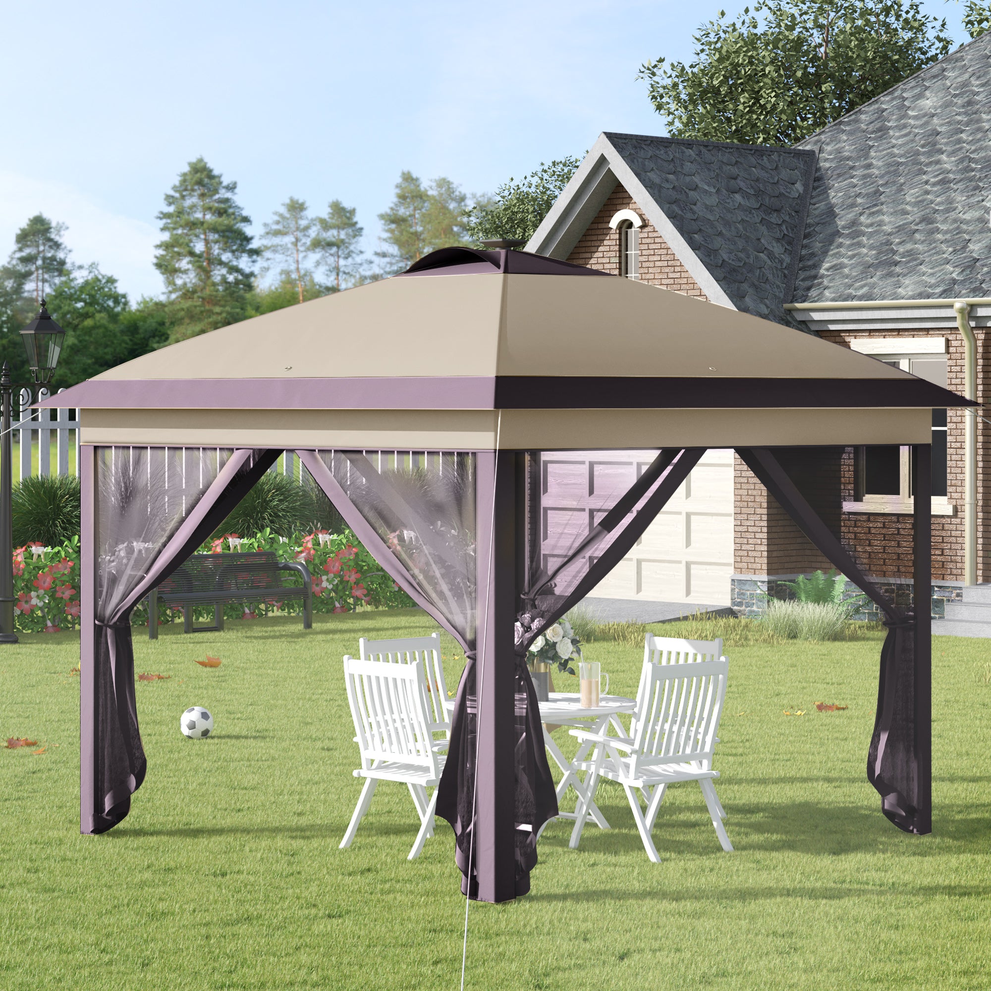 Outsunny Carpa Plegable Exterior 3x3x2,9 m con Luces LED y Control Remoto Cenador de Jardín con 4 Mosquiteras Extraíbles y Bolsa de Transporte Impermeable Gazebo para Exterior Camping Fiestas Beige