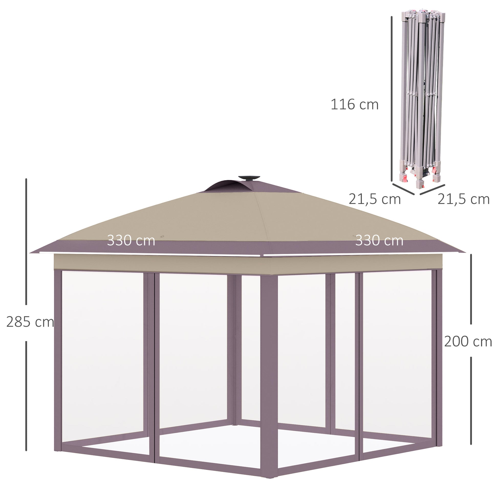 Outsunny Carpa Plegable Exterior 3x3x2,9 m con Luces LED y Control Remoto Cenador de Jardín con 4 Mosquiteras Extraíbles y Bolsa de Transporte Impermeable Gazebo para Exterior Camping Fiestas Beige