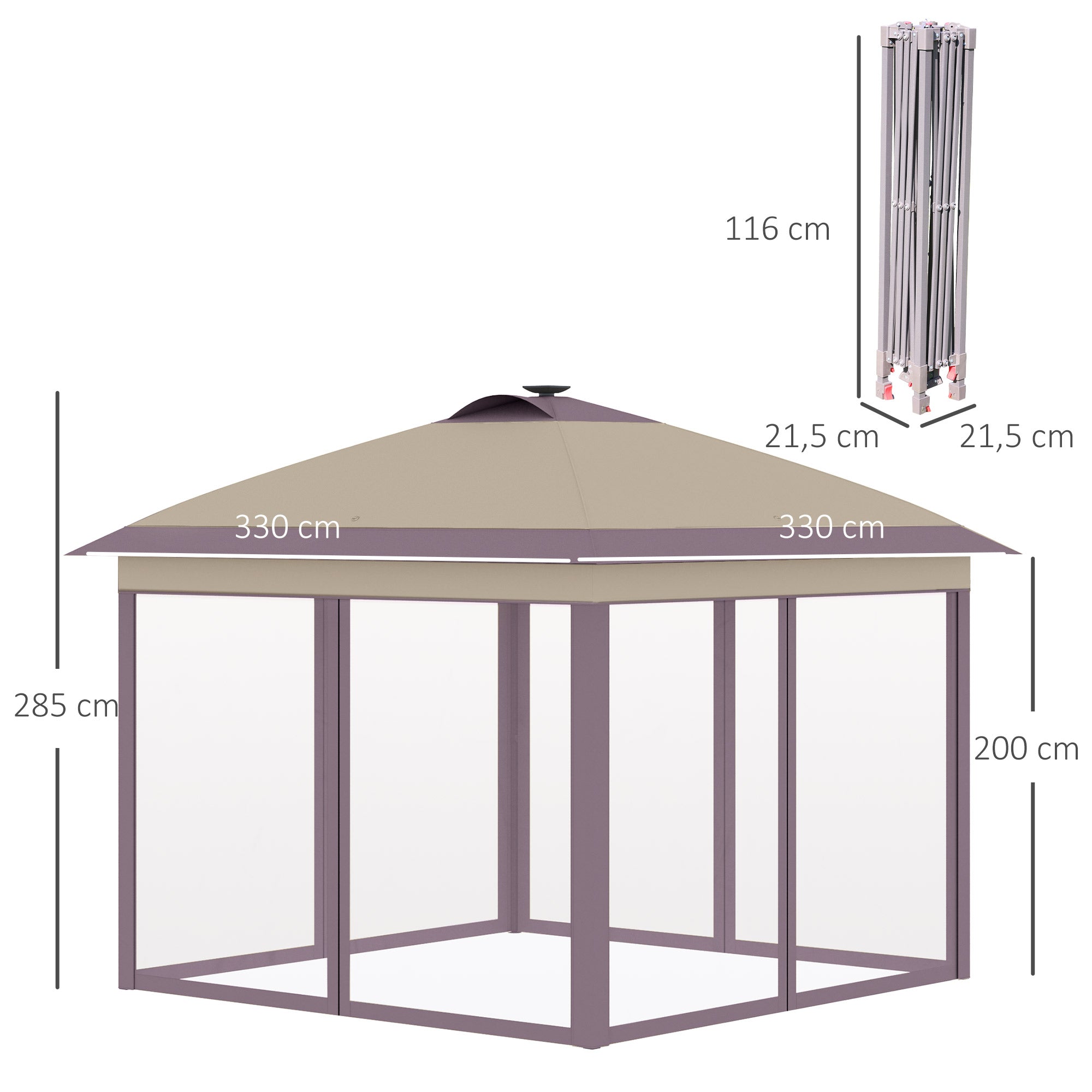 Outsunny Carpa Plegable Exterior 3x3x2,9 m con Luces LED y Control Remoto Cenador de Jardín con 4 Mosquiteras Extraíbles y Bolsa de Transporte Impermeable Gazebo para Exterior Camping Fiestas Beige
