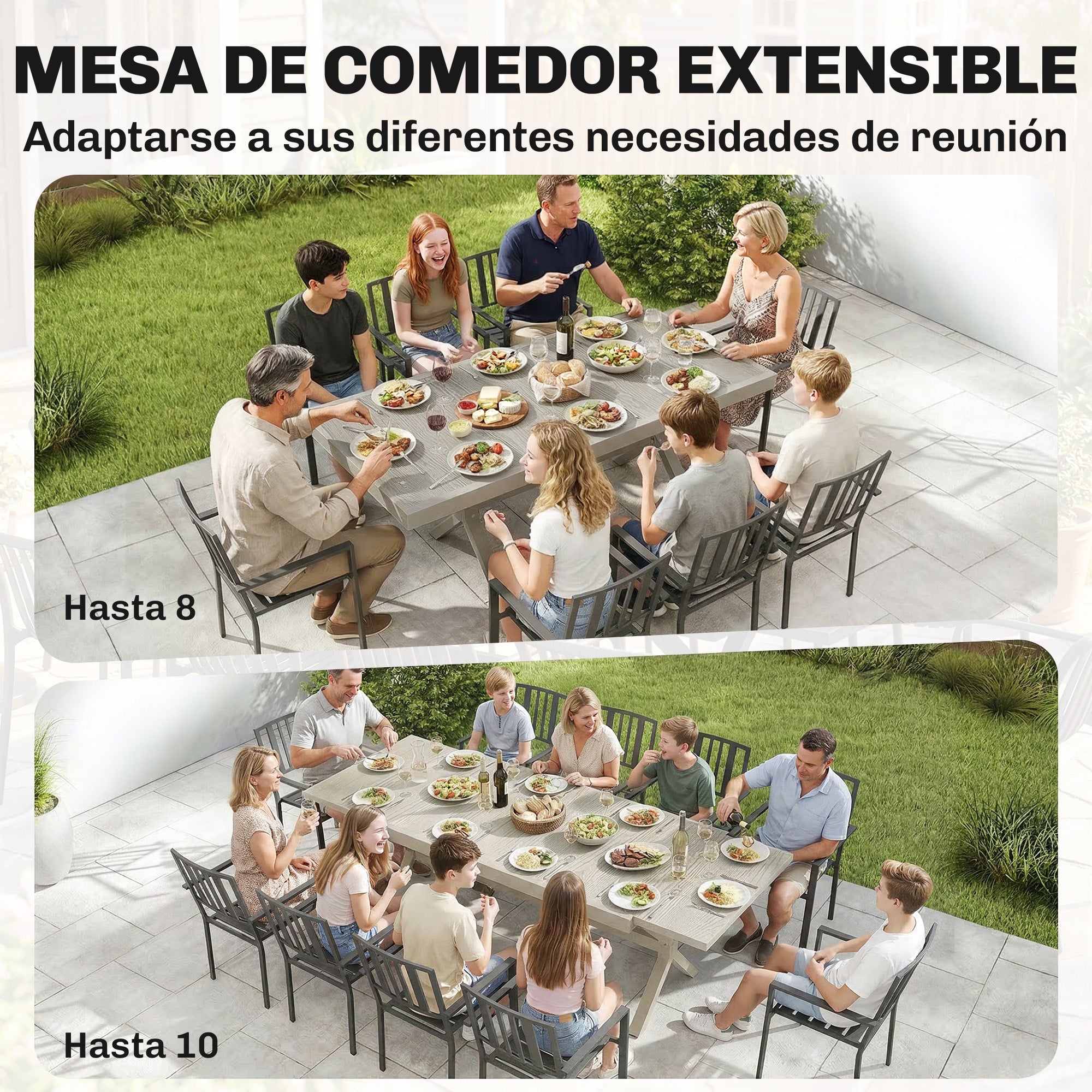 Outsunny Mesa de Jardín Extensible con Superficie de Aluminio, 154/214x85 cm, Mesa de Comedor Exterior Extensible Rectangular con Imitación Madera para 8-10 Personas, para Patio, Terraza, Gris Claro