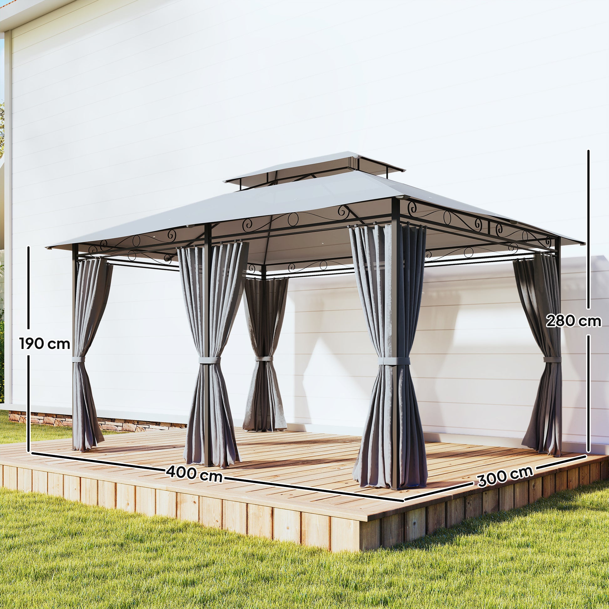 Outsunny Cenador para Jardín 3x4 m, Pabellón de Jardín, Gazebo con Doble Techo, 6 Paredes Laterales, Estructura Metálica, Drenaje, Carpa para Exterior, Terraza, Patio, Gris Oscuro