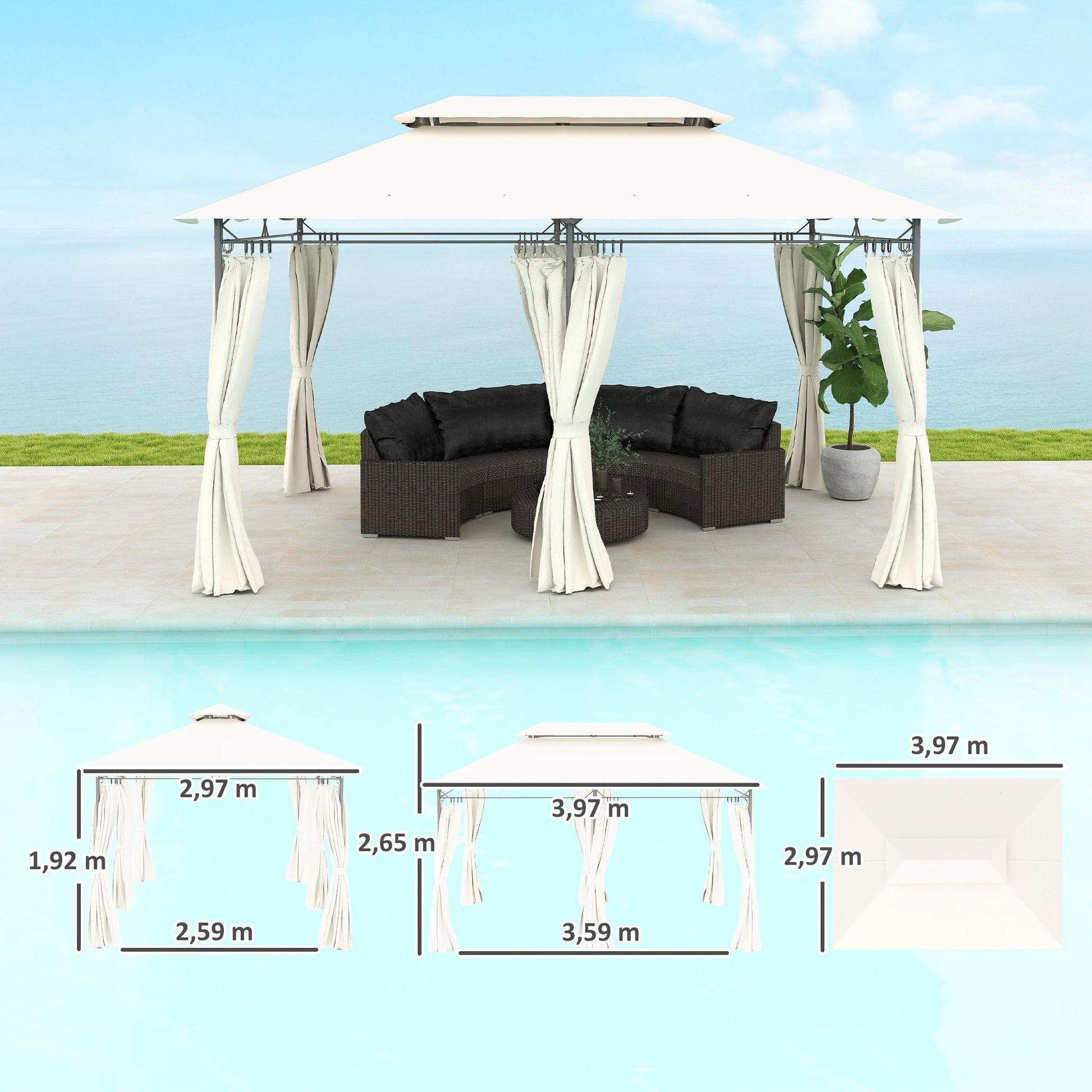 Outsunny Cenador para Jardín 4x3 m Pérgola de Jardín Gazebo con Doble Techo Paredes Laterales Resistente al Agua Carpa para Exterior Terraza Patio Crema