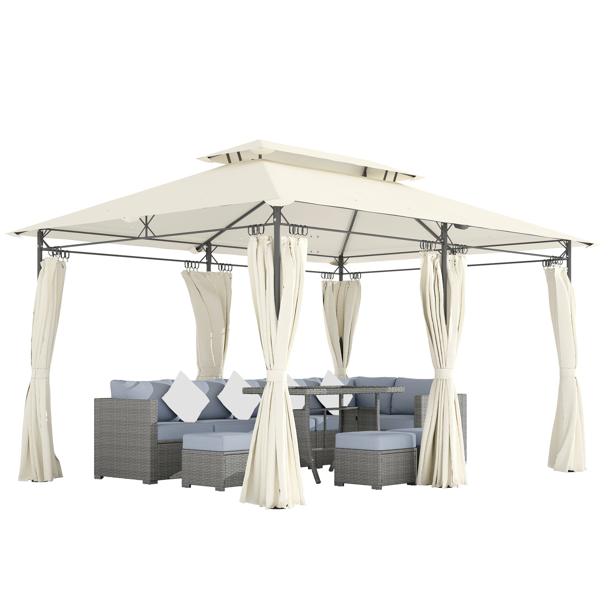 Outsunny Cenador para Jardín 4x3 m Pérgola de Jardín Gazebo con Doble Techo Paredes Laterales Resistente al Agua Carpa para Exterior Terraza Patio Crema