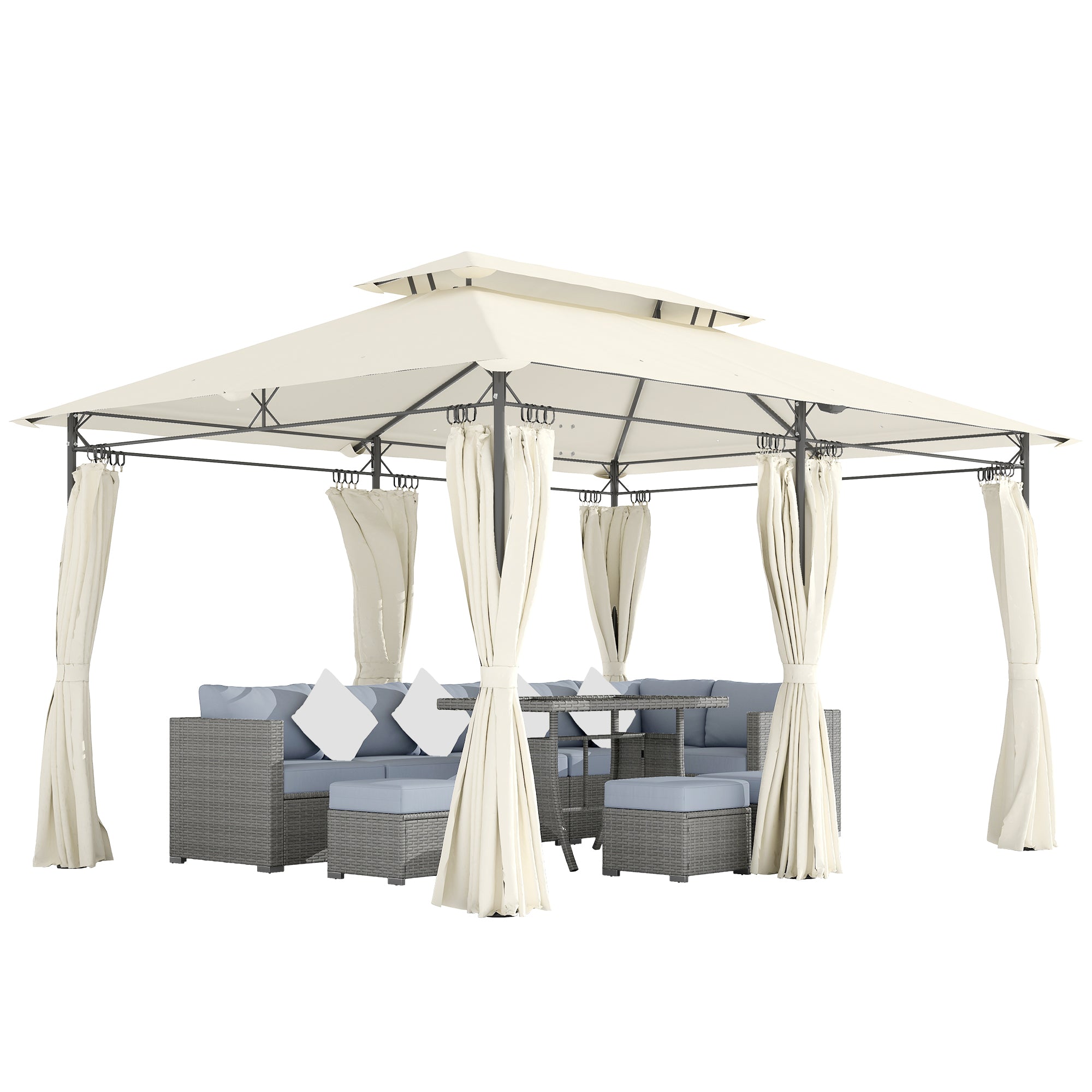 Outsunny Cenador para Jardín 4x3 m Pérgola de Jardín Gazebo con Doble Techo Paredes Laterales Resistente al Agua Carpa para Exterior Terraza Patio Crema