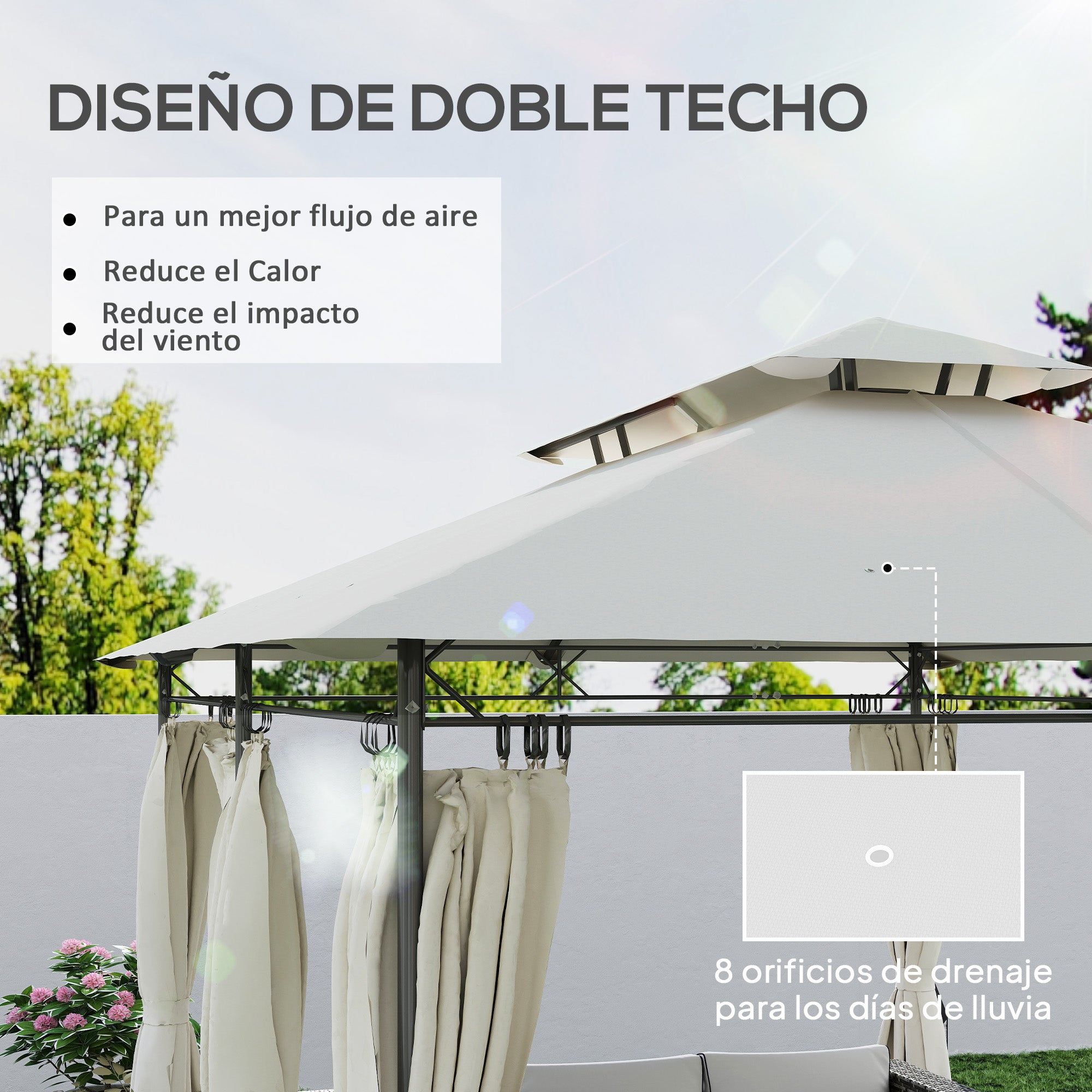 Outsunny Cenador para Jardín 4x3 m Pérgola de Jardín Gazebo con Doble Techo Paredes Laterales Resistente al Agua Carpa para Exterior Terraza Patio Crema
