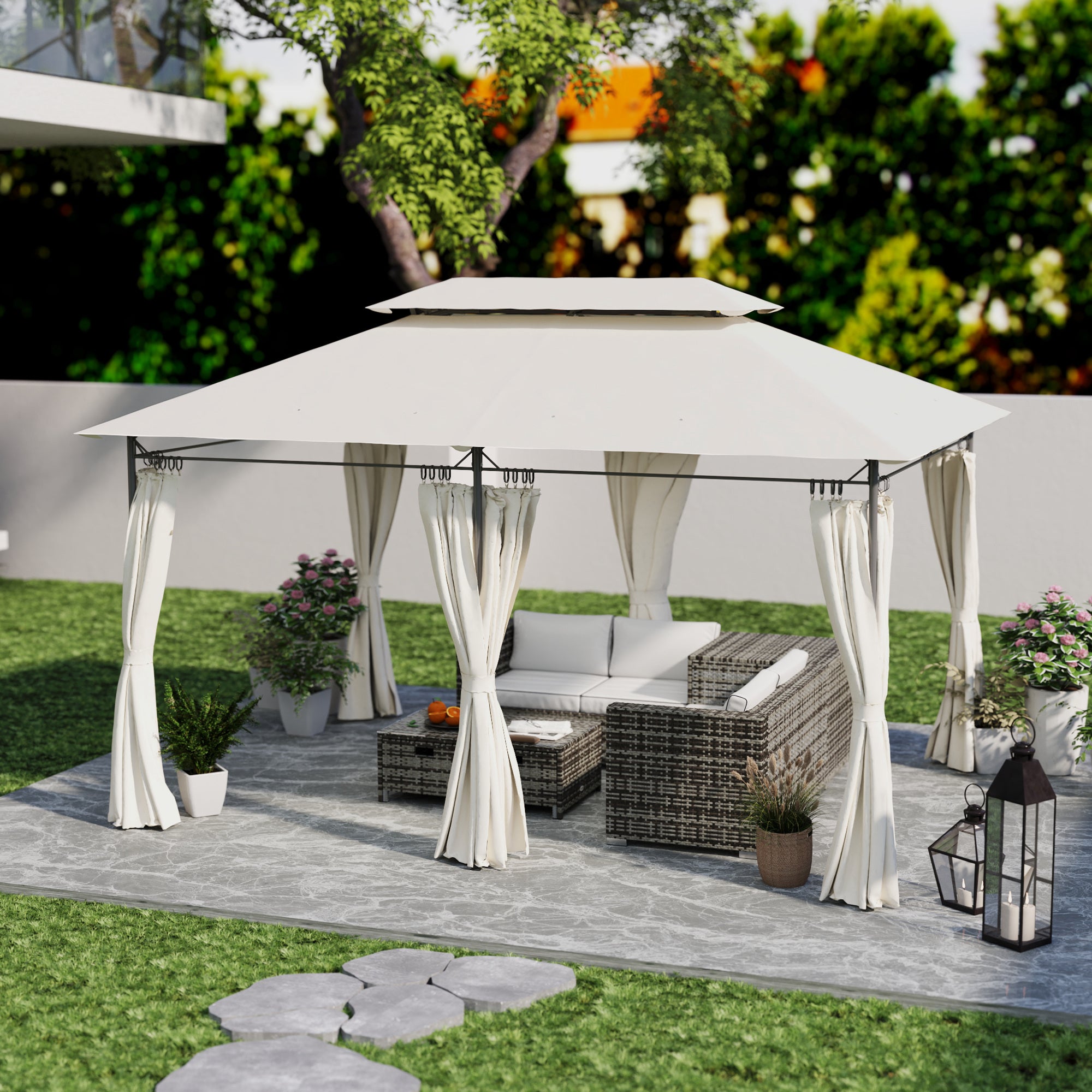 Outsunny Cenador para Jardín 4x3 m Pérgola de Jardín Gazebo con Doble Techo Paredes Laterales Resistente al Agua Carpa para Exterior Terraza Patio Crema