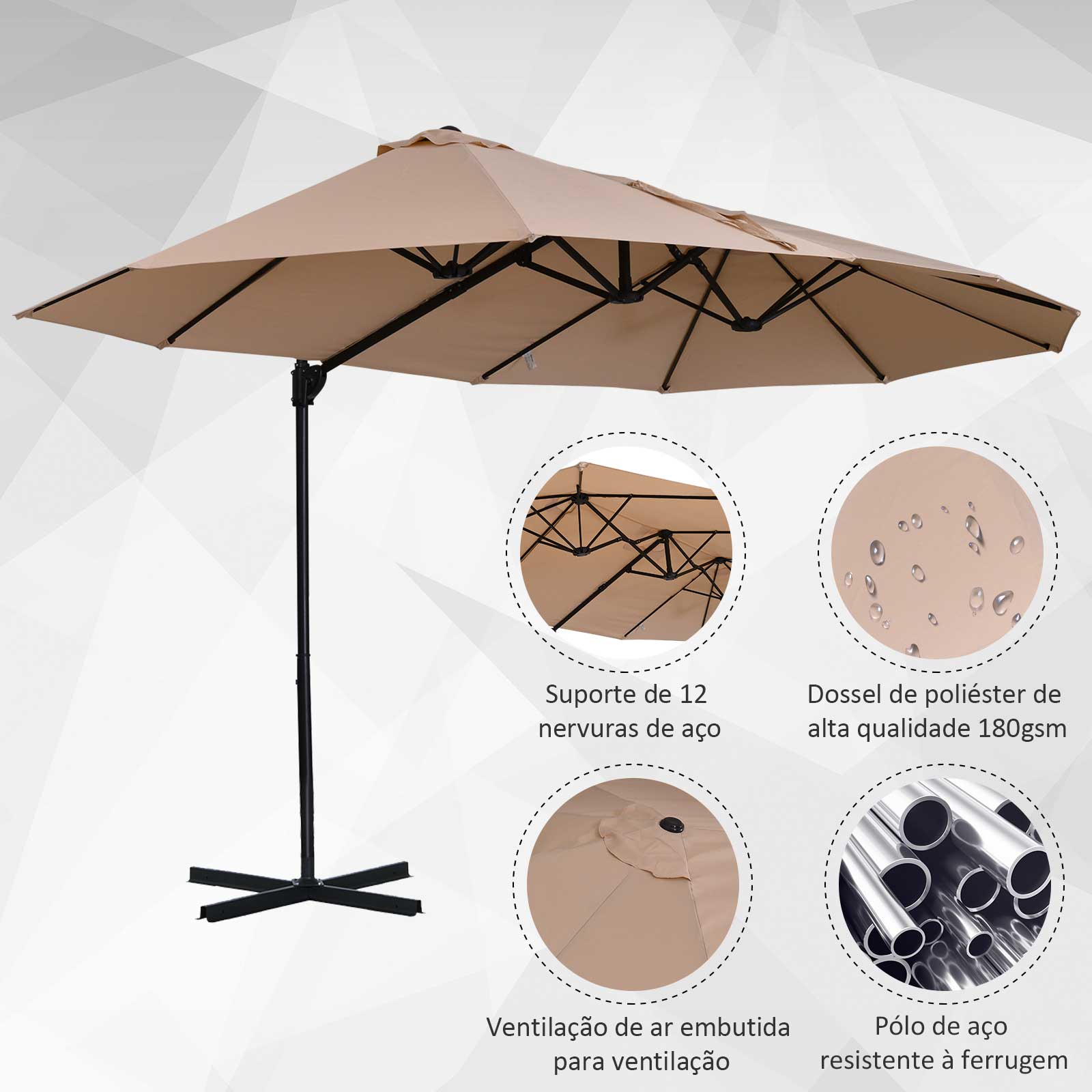 Outsunny Conjunto de Sombrilla y Base Grande Inclinable para Jardín Patio con Manivela Abrir y Cerrar Fácilmente Base de 4 Piezas de plástico Alta Estabilidad Marfil y Negro