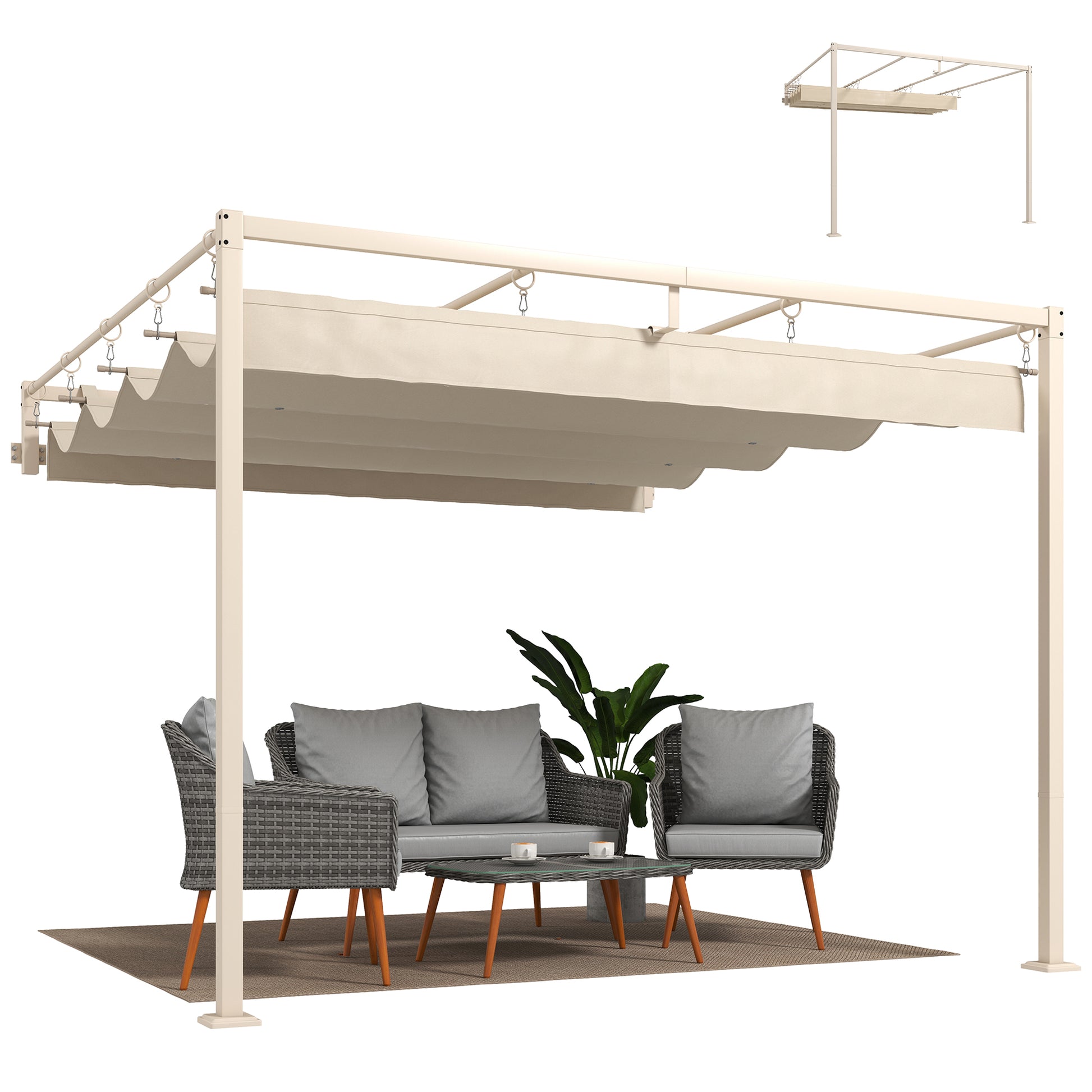 Outsunny Pérgola de Pared de Jardín 3x3 m, Cenador de Jardín con Techo Retráctil, Protección UPF30+, Orificios de Drenaje y Estructura de Acero, Pabellón para Patio, Terraza, Exterior, Beige