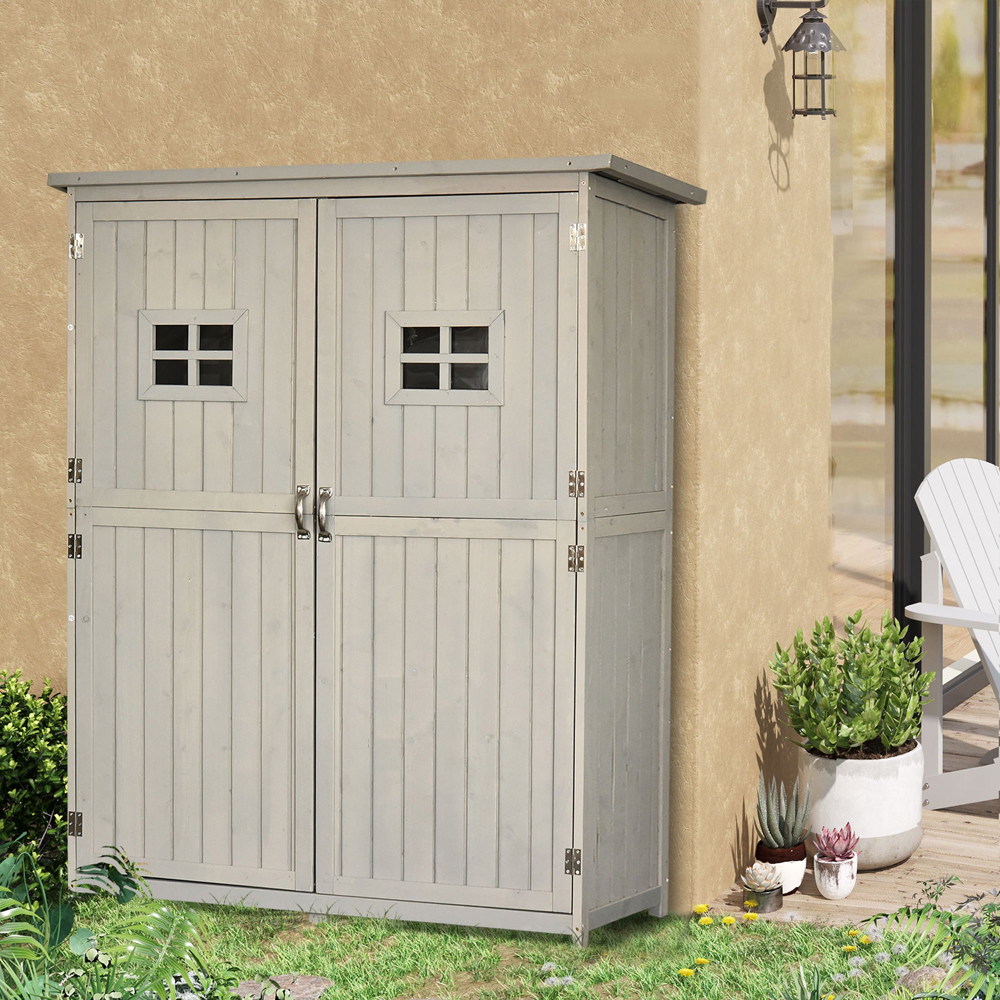 Outsunny Cobertizo de Madera Caseta Exterior Armario Herramientas de Jardinería Doble Puertas Techo Impermeable Compartimientos de Diferentes Tamaños 127,5x50x164cm Madera Maciza