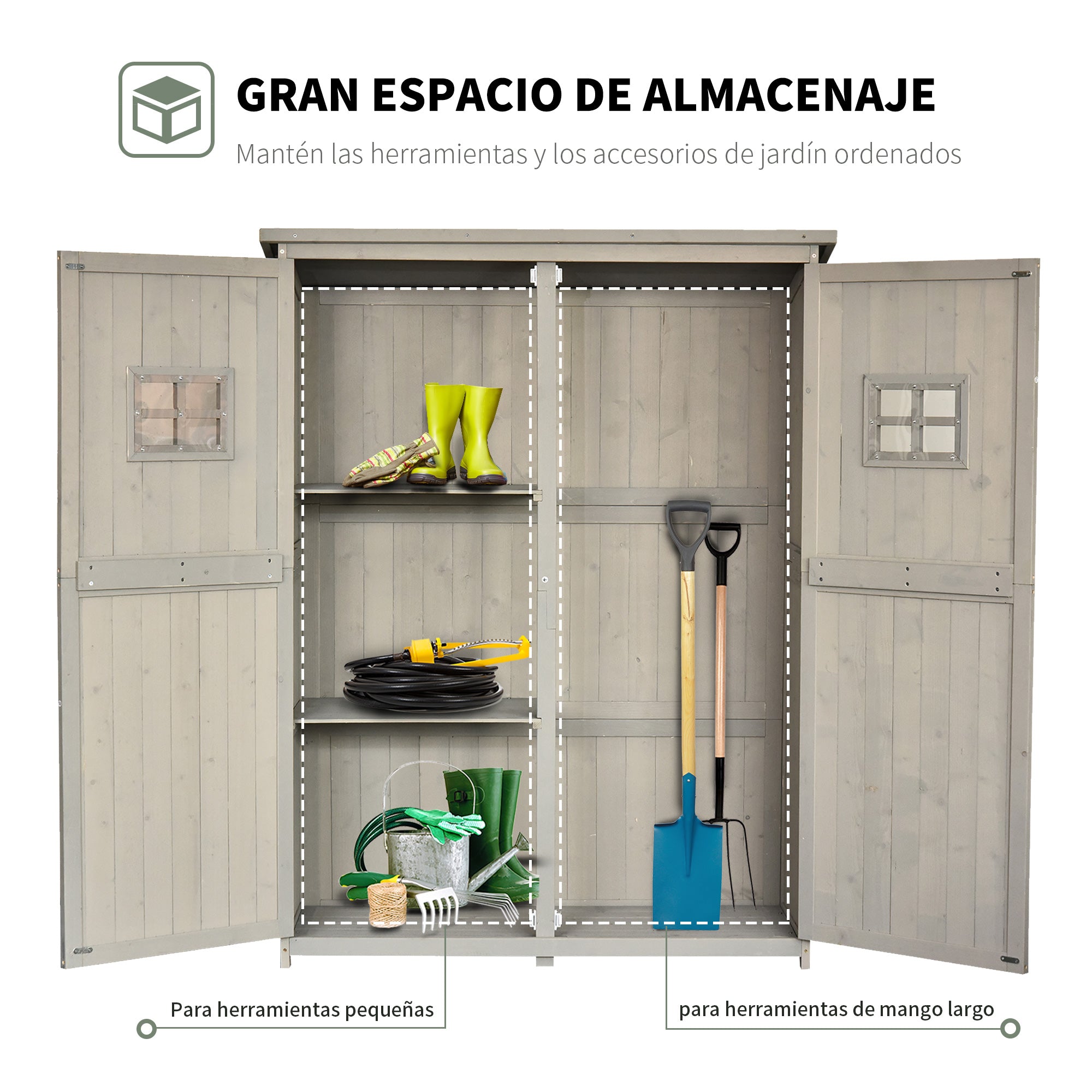 Outsunny Cobertizo de Madera Caseta Exterior Armario Herramientas de Jardinería Doble Puertas Techo Impermeable Compartimientos de Diferentes Tamaños 127,5x50x164cm Madera Maciza