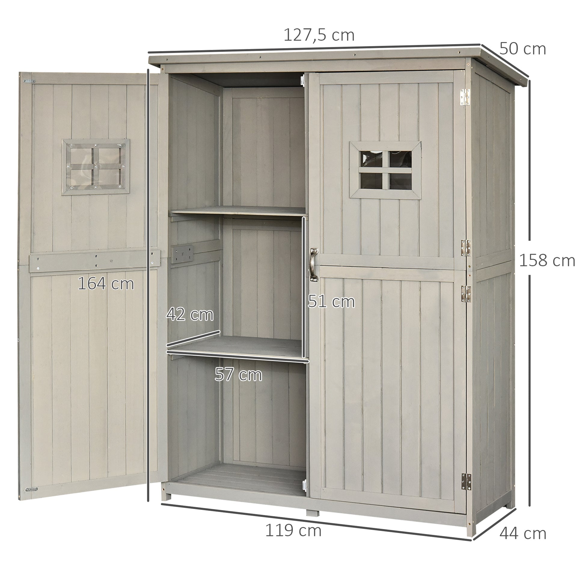 Outsunny Cobertizo de Madera Caseta Exterior Armario Herramientas de Jardinería Doble Puertas Techo Impermeable Compartimientos de Diferentes Tamaños 127,5x50x164cm Madera Maciza