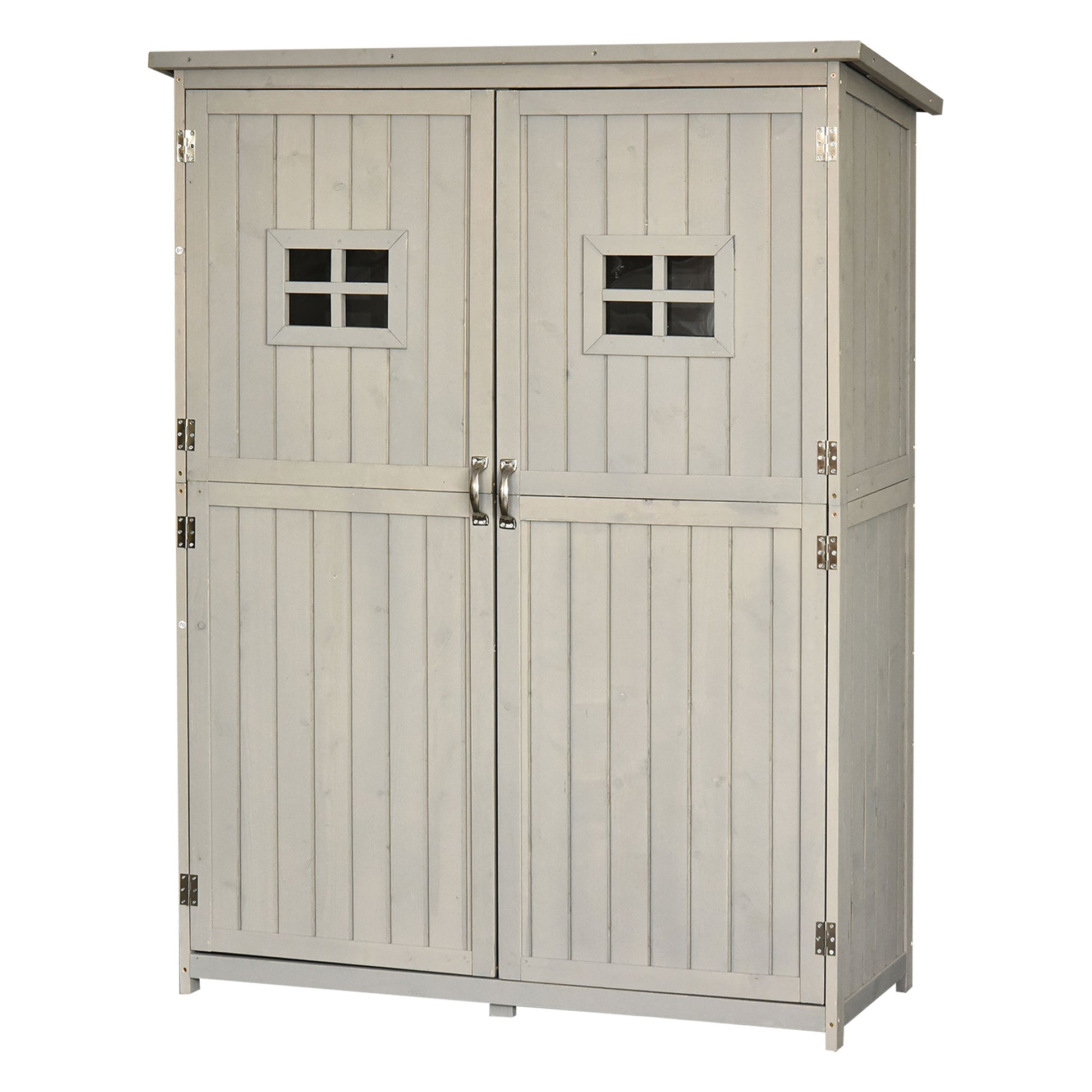 Outsunny Cobertizo de Madera Caseta Exterior Armario Herramientas de Jardinería Doble Puertas Techo Impermeable Compartimientos de Diferentes Tamaños 127,5x50x164cm Madera Maciza