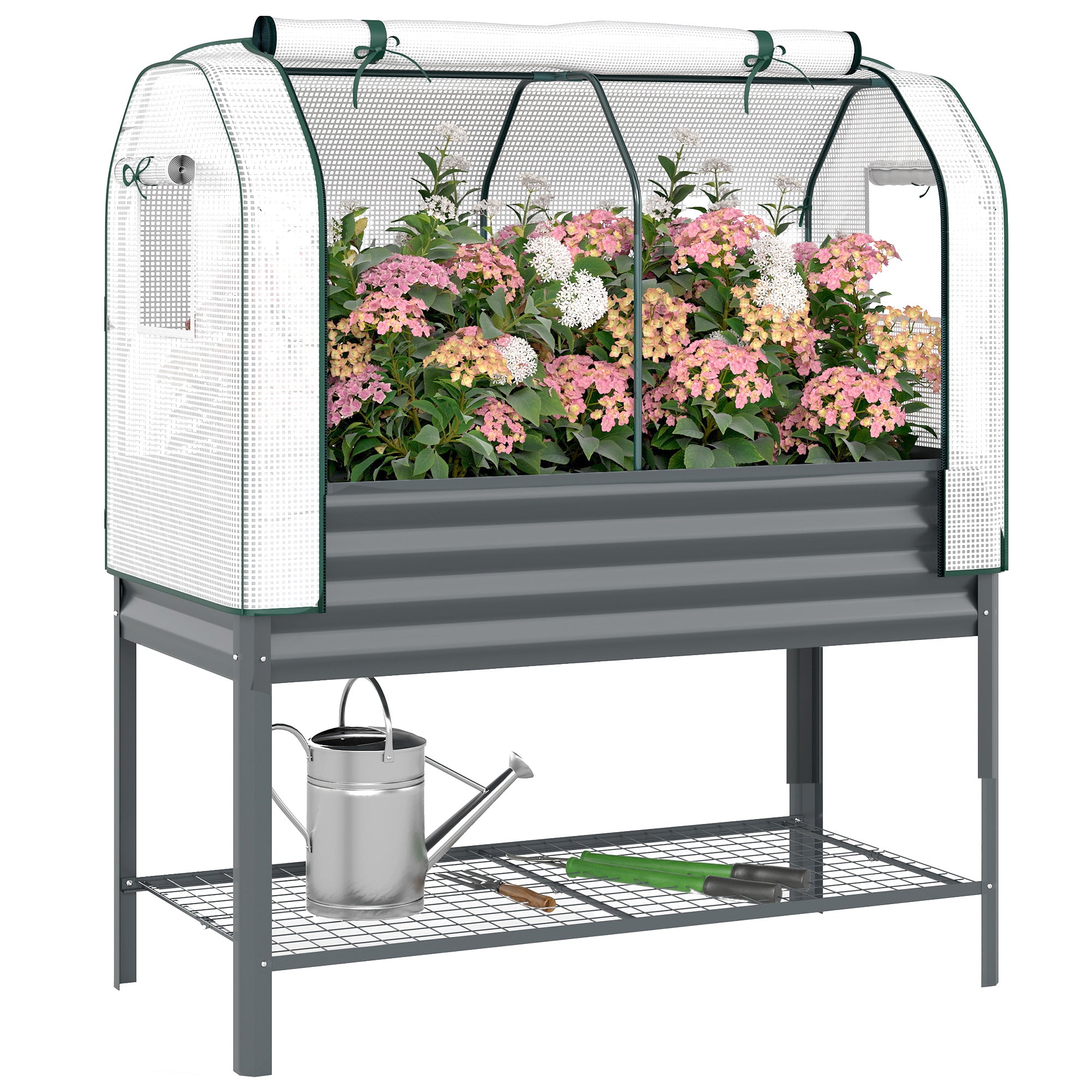 Outsunny Huerto Urbano Elevado con Cubierta de Invernadero de 140 g/m² PE, Mesa de Cultivo de Metal Galvanizado con Estante Inferior y Forro para Cultivo, Plantas y Flores, 120x55x140 cm, Gris Oscuro