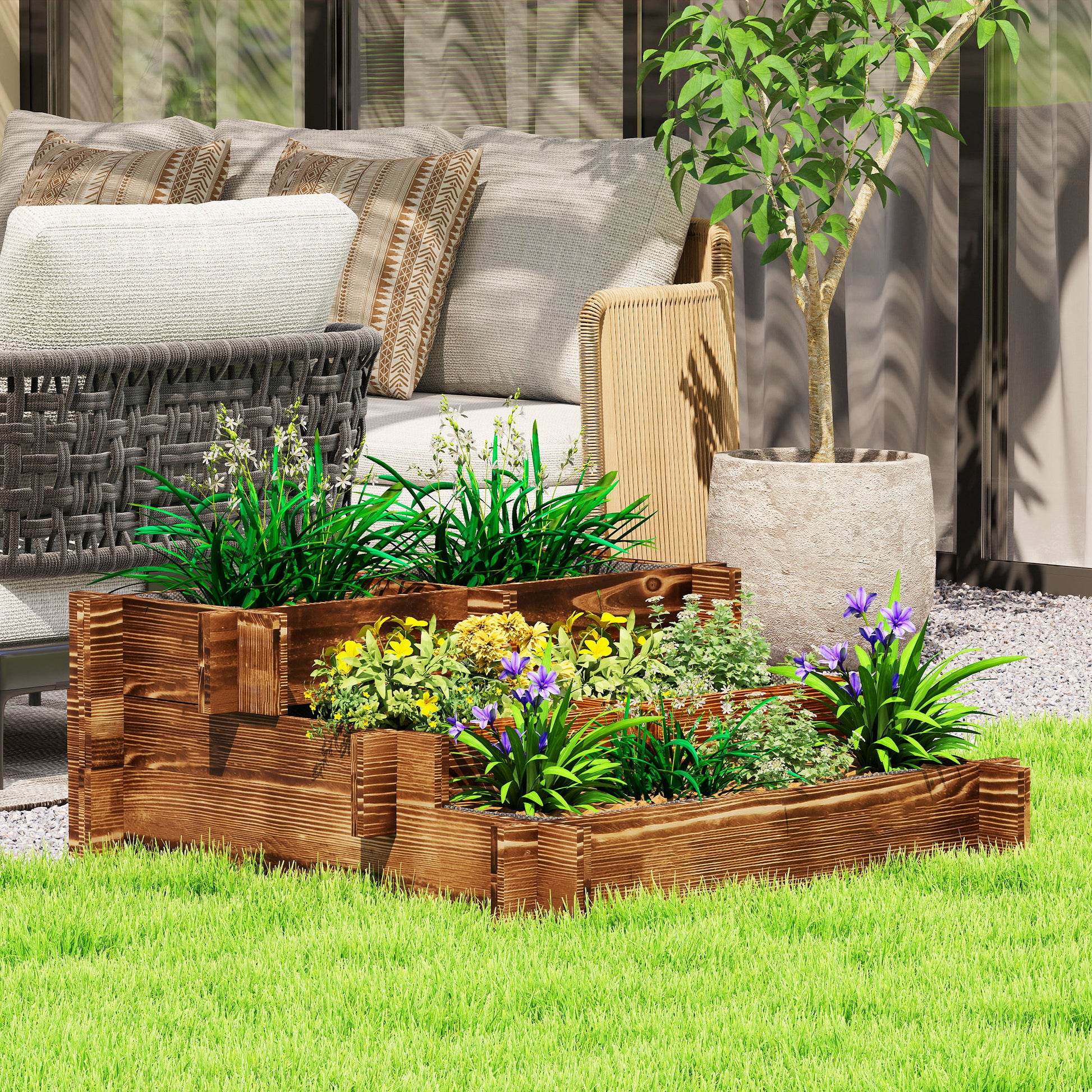 Outsunny Jardinera de Madera Arriate de Jardín de 3 Niveles con Diseño de Escalera y Tela no Tejida Huerto Urbano para Cultivos Plantas Flores para Terraza Jardín 93x93x35 cm Carbonizado