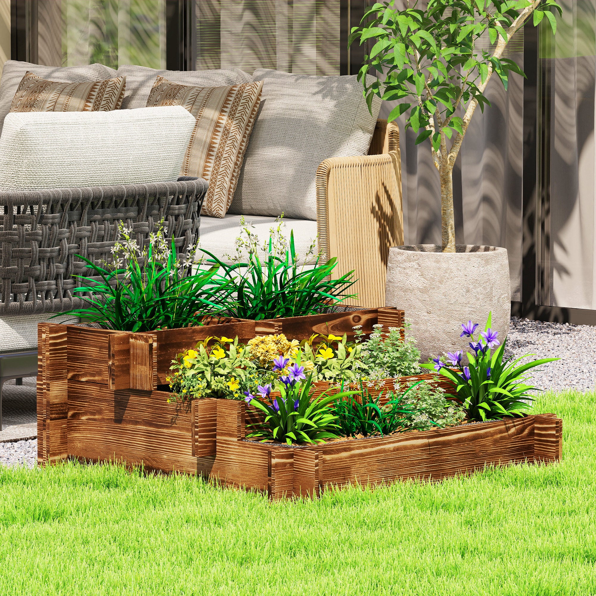 Outsunny Jardinera de Madera Arriate de Jardín de 3 Niveles con Diseño de Escalera y Tela no Tejida Huerto Urbano para Cultivos Plantas Flores para Terraza Jardín 93x93x35 cm Carbonizado