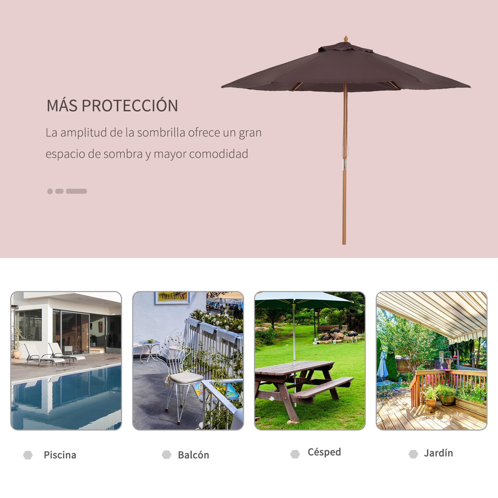 Outsunny Sombrilla de Jardín Ø250x230 cm Parasol de Terraza con 6 Varillas Poste Desmontable Anti-UV Impermeable y Marco de Madera para Playa Patio Café