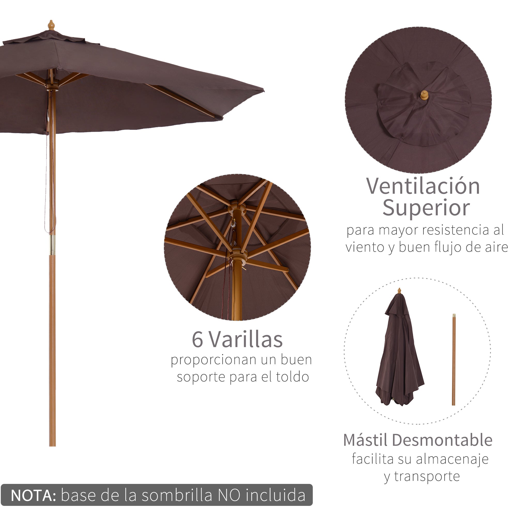 Outsunny Sombrilla de Jardín Ø250x230 cm Parasol de Terraza con 6 Varillas Poste Desmontable Anti-UV Impermeable y Marco de Madera para Playa Patio Café