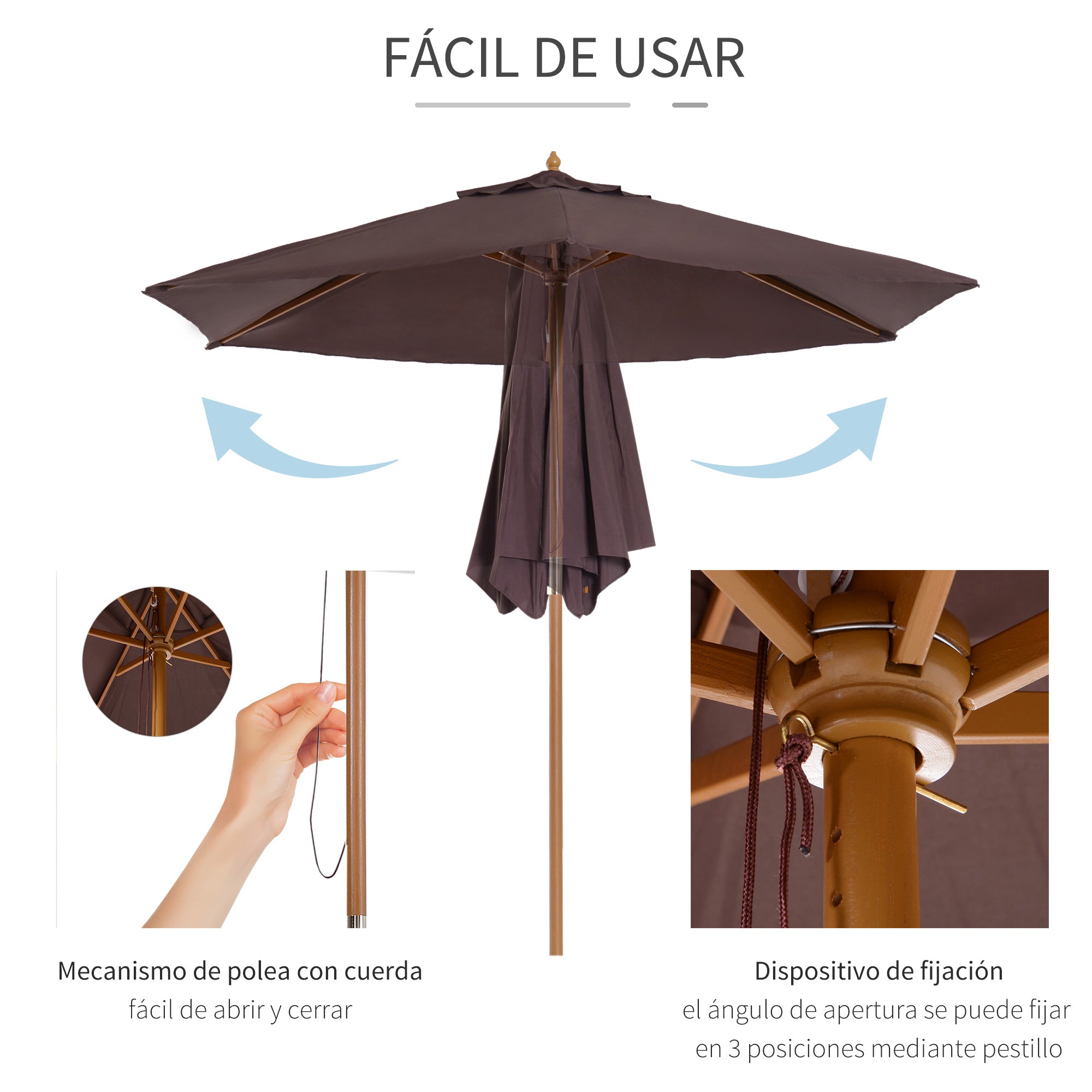 Outsunny Sombrilla de Jardín Ø250x230 cm Parasol de Terraza con 6 Varillas Poste Desmontable Anti-UV Impermeable y Marco de Madera para Playa Patio Café